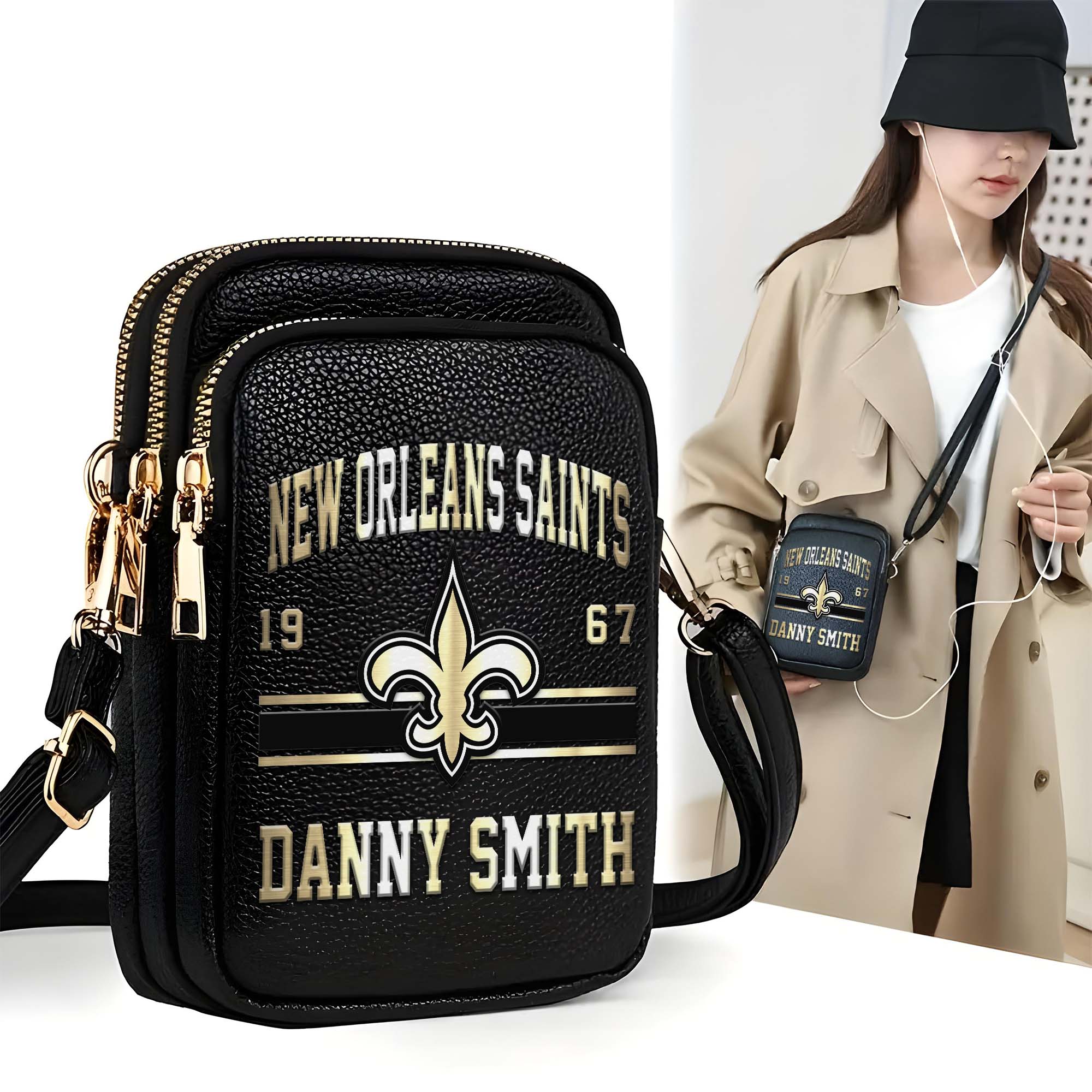 New Orleans Saints Customized Womens Mobile Phone Bag With Your Name, Leather Crossbody Bag, Fan Gifts