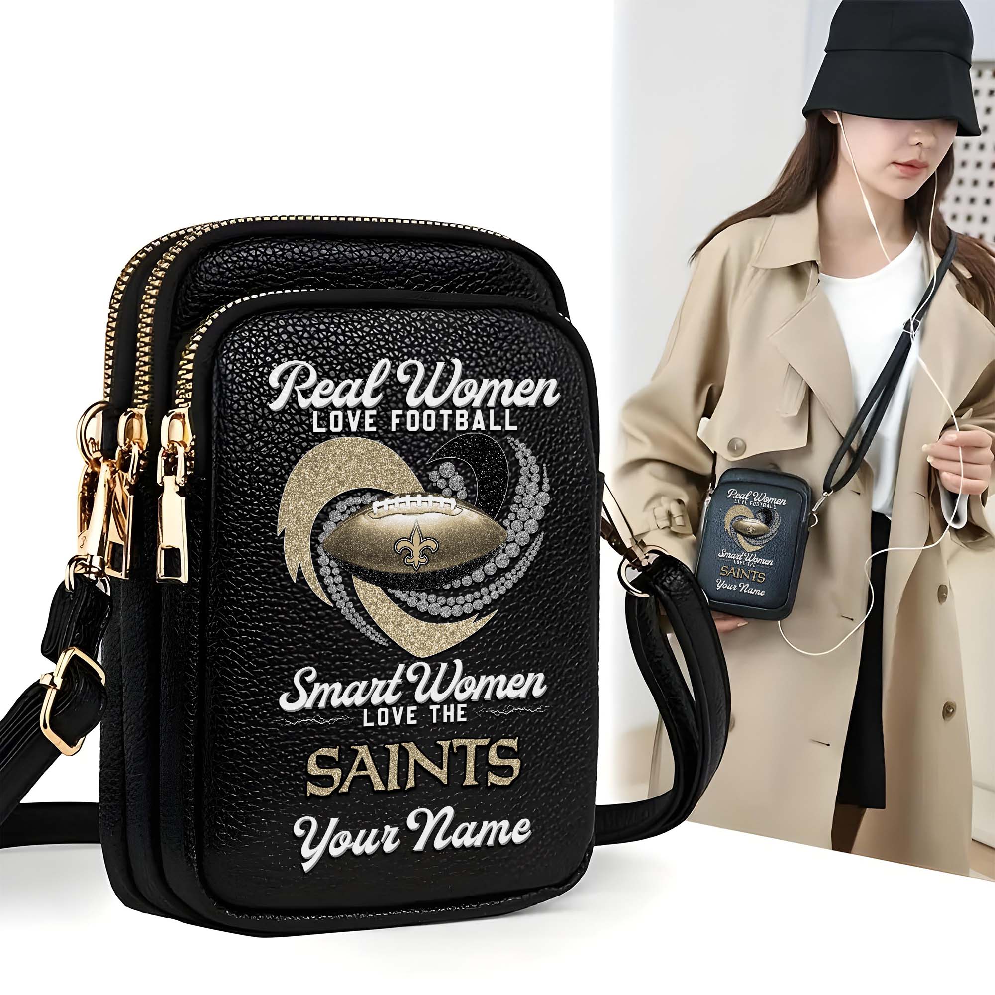 New Orleans Saints Customized Womens Mobile Phone Bag With Your Name, Leather Crossbody Bag, Fan Gifts