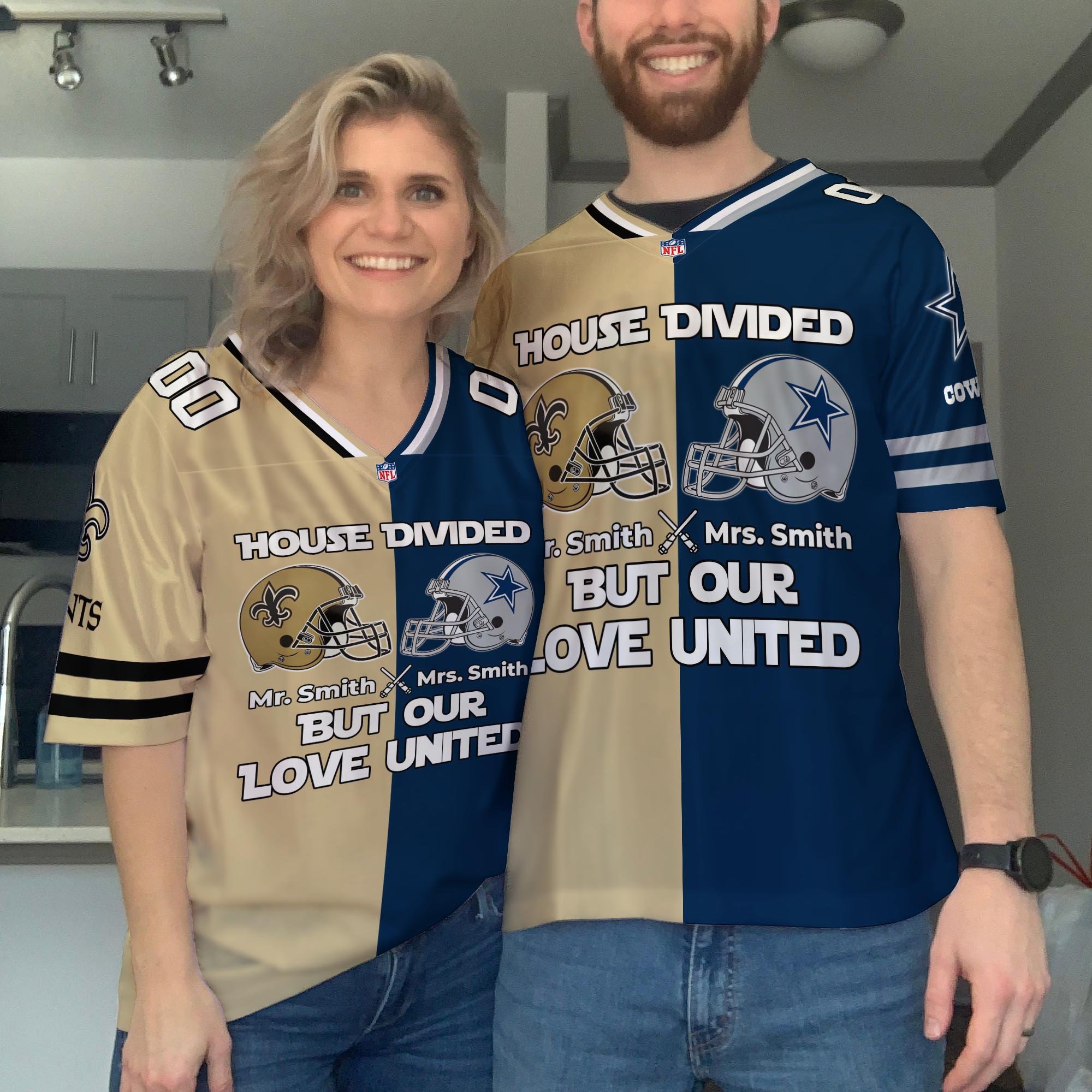 New Orleans Saints Football Jersey Custom Husband, Wife Name And Number, House Divided Jersey For Fan