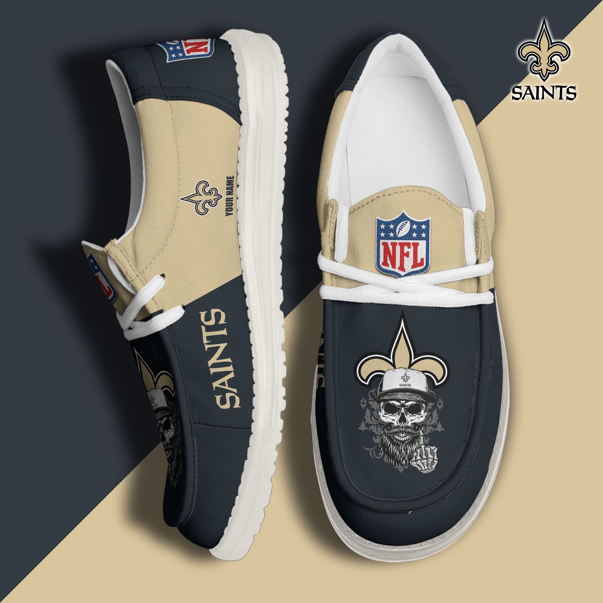 New Orleans Saints H D White Canvas Loafer Shoes Custom Your Name, Sport Canvas Loafer Shoes