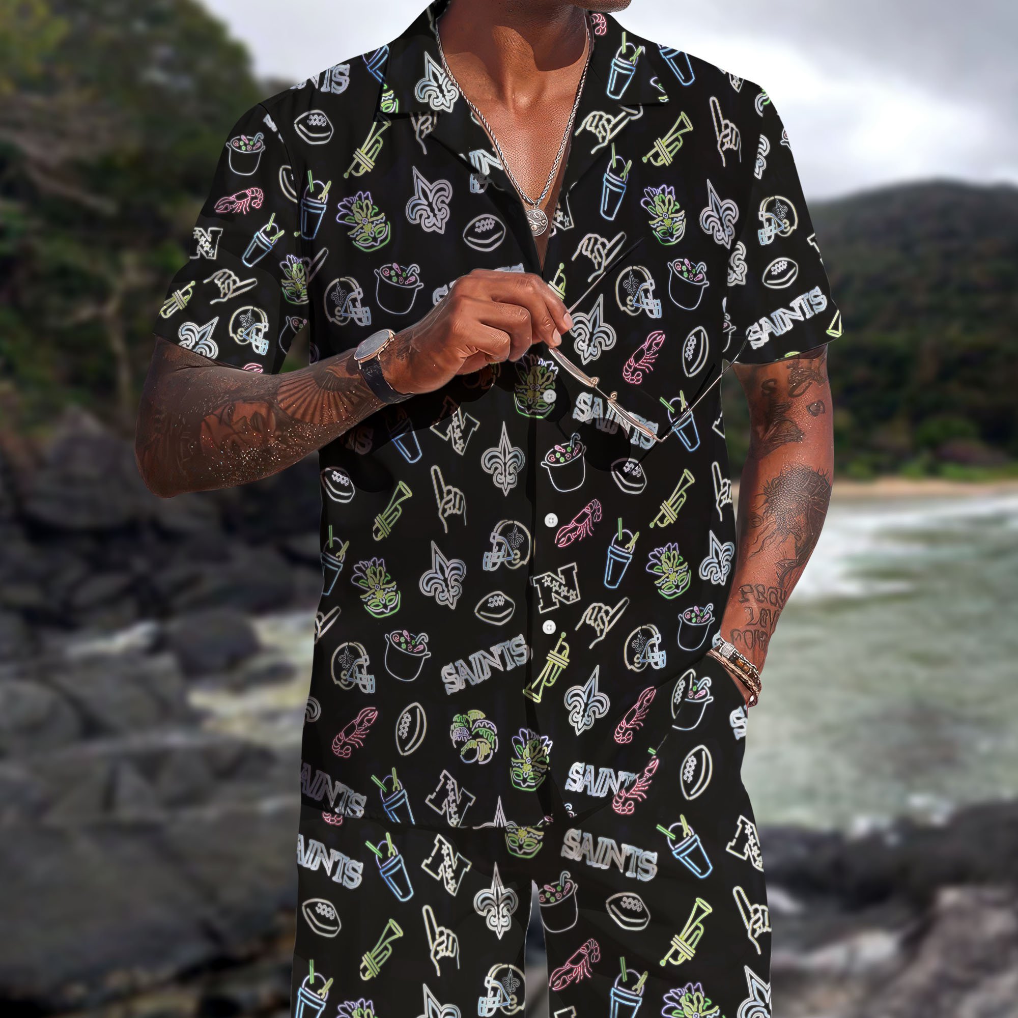 New Orleans Saints Hawaiian Shorts Set 2025 Version, Hawaiian Shirts, Sports Shorts, Gifts For Fan