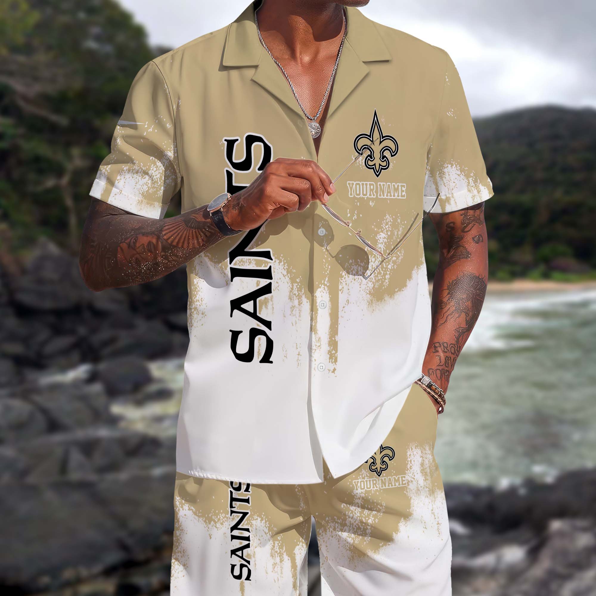 New Orleans Saints Hawaiian Shorts Set Custom You Name, Sport Shorts, Gifts For Fan