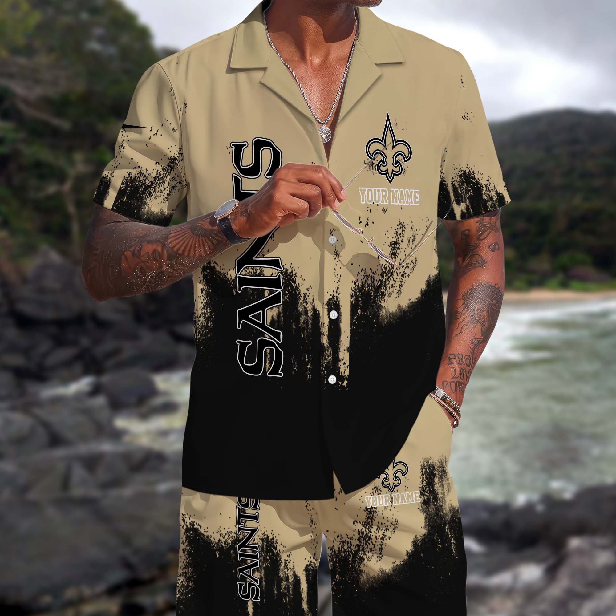 New Orleans Saints Hawaiian Shorts Set Custom You Name, Sport Shorts, Gifts For Fan