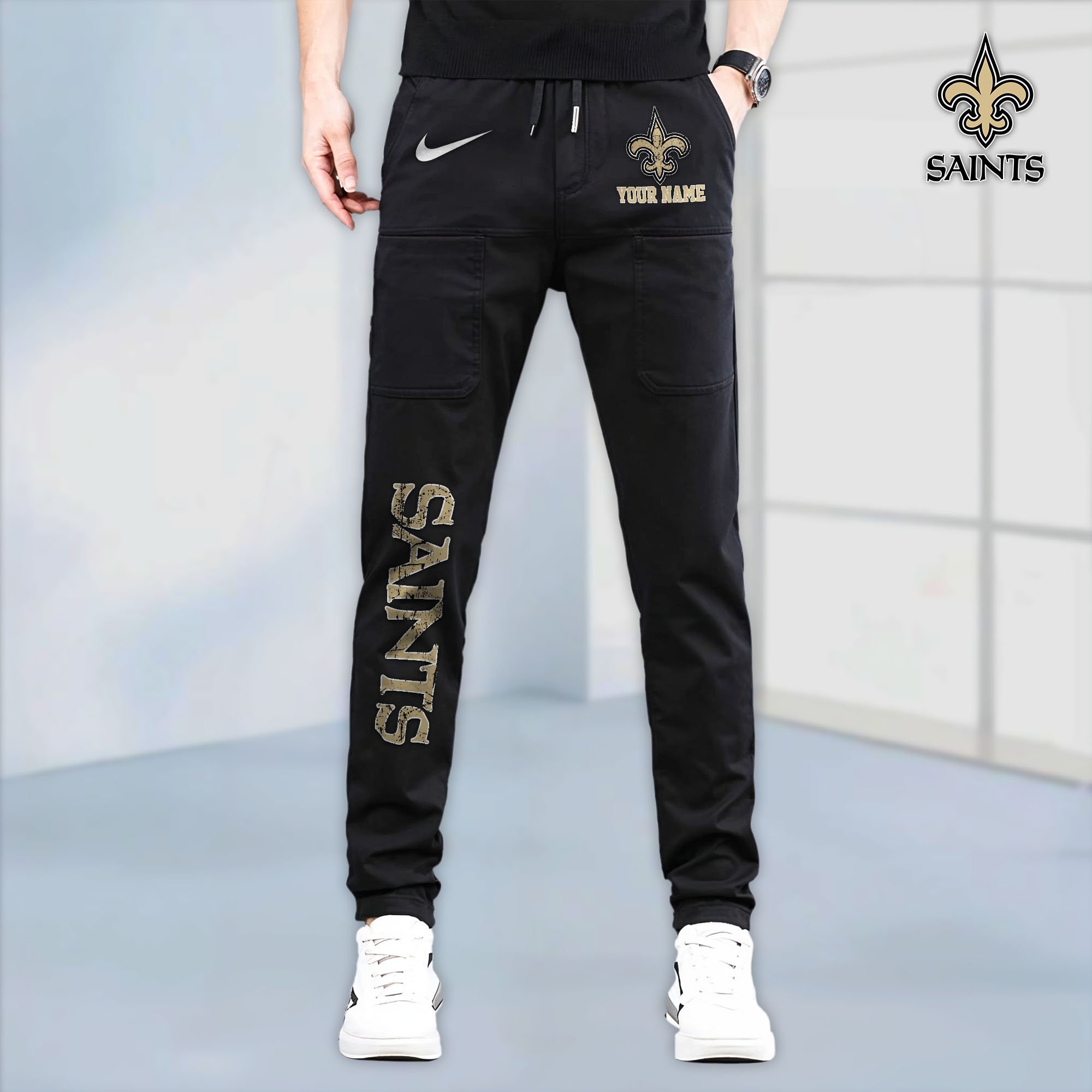 New Orleans Saints High Stretch Multi Pocket Durable Cargo Pants - Long Custom Name 