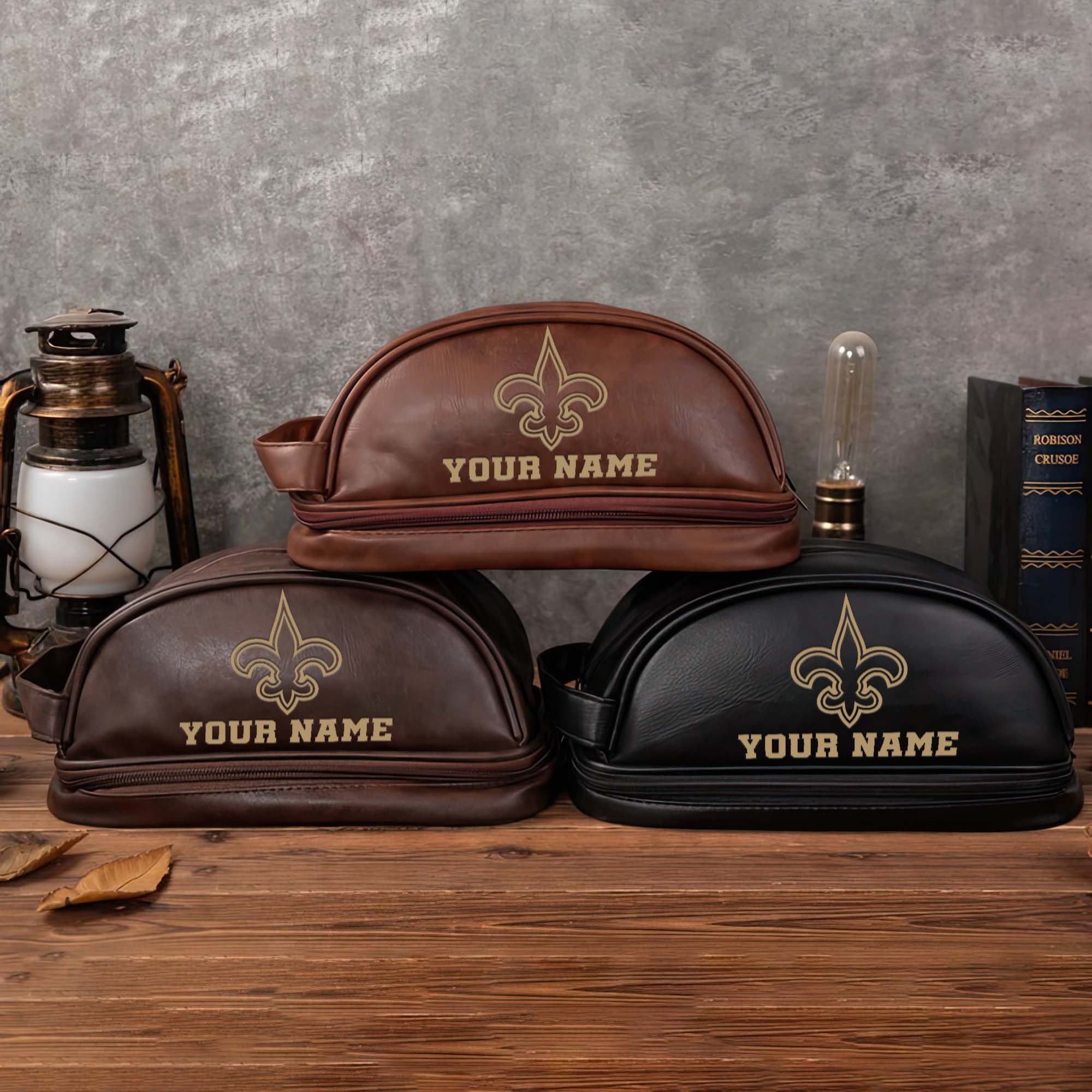 New Orleans Saints Mens Leather Toiletry Bag, Engraved Leather Dopp Kit Bag, Football Fan Gifts