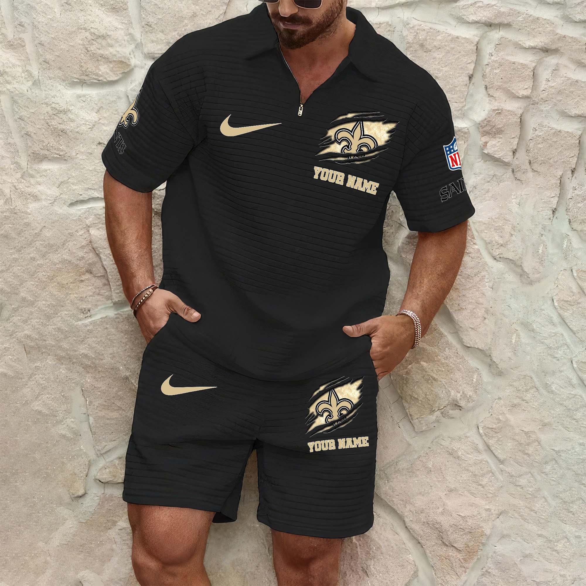 New Orleans Saints Mens Waffle Pattern Half Zipper Shirt And Short Custom Your Name 2025 Versions, Gifts For Football Lovers