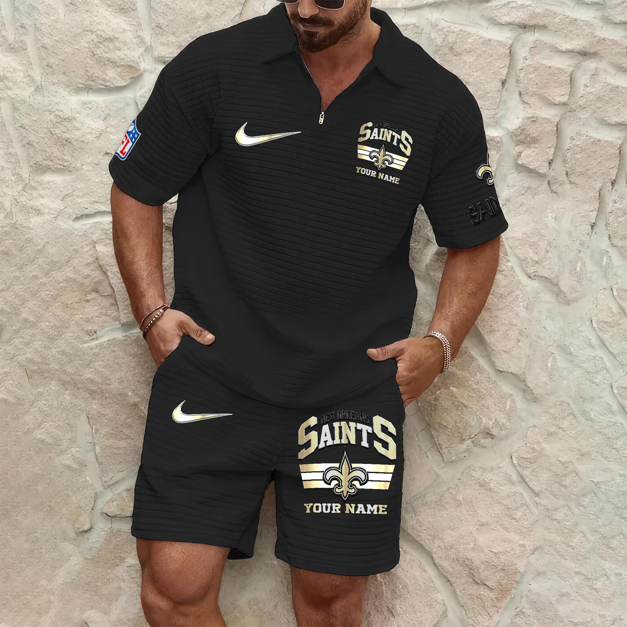 New Orleans Saints Mens Waffle Pattern Half Zipper Shirt And Short Custom Your Name, Gifts For Football Lovers
