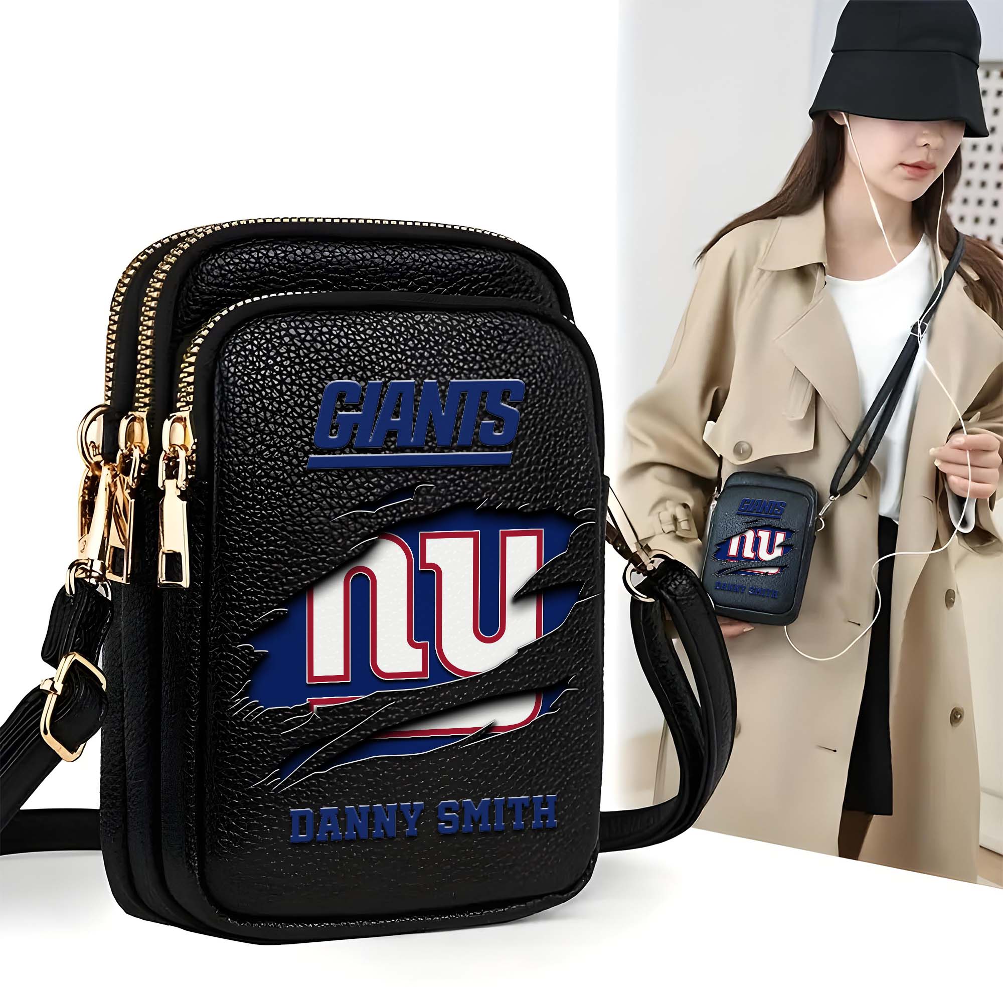 New York Giants Customized Womens Mobile Phone Bag With Your Name, Leather Crossbody Bag, Fan Gifts