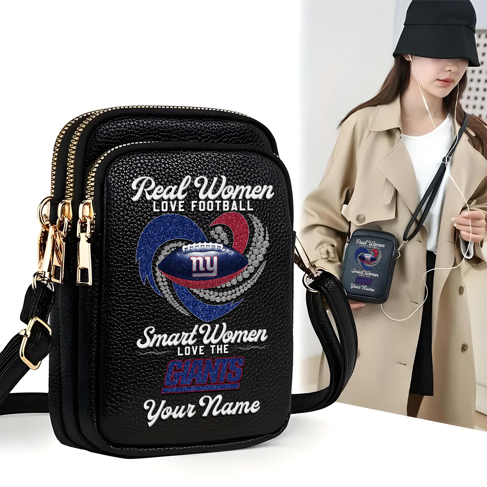New York Giants Customized Womens Mobile Phone Bag With Your Name, Leather Crossbody Bag, Fan Gifts