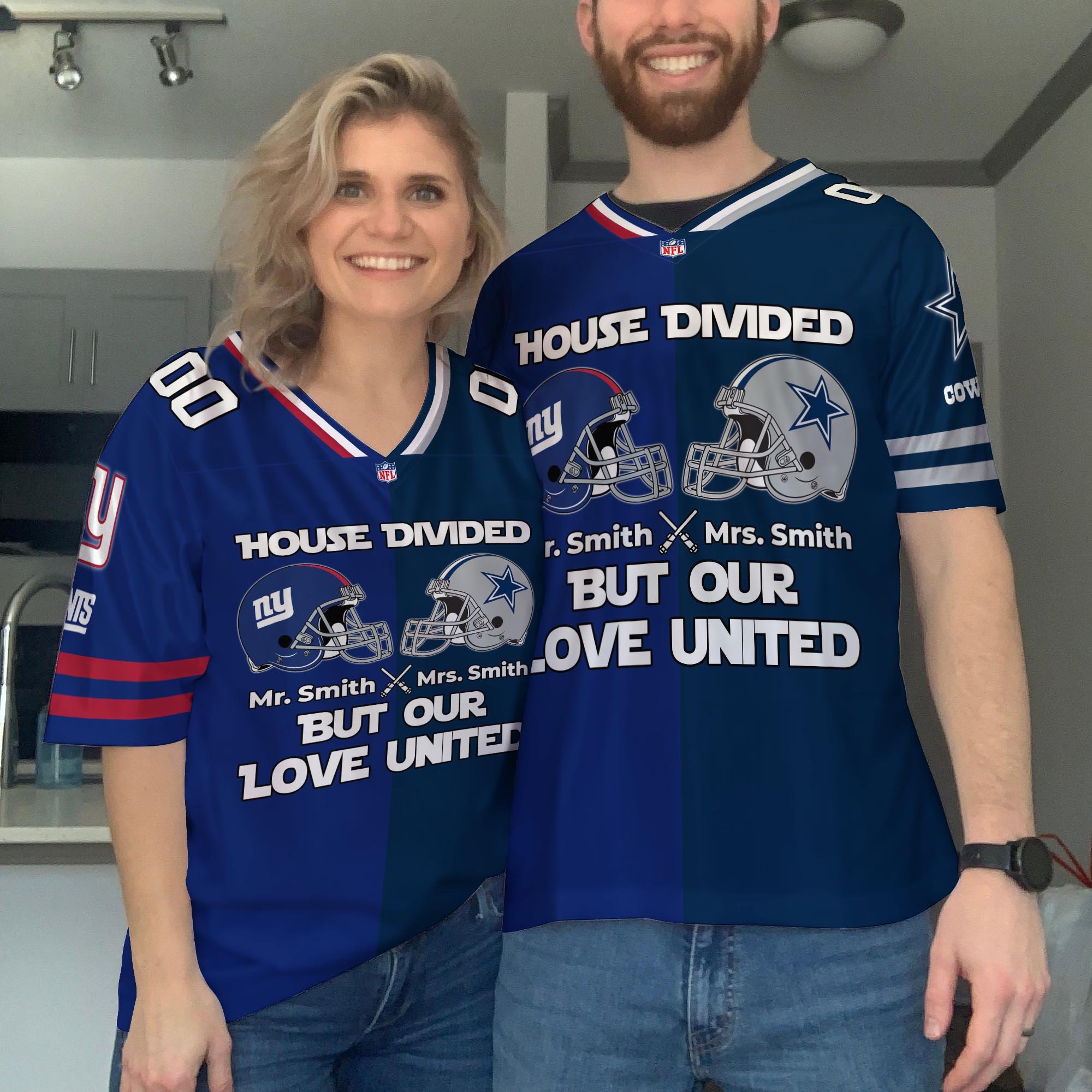 New York Giants Football Jersey Custom Husband, Wife Name And Number, House Divided Jersey For Fan