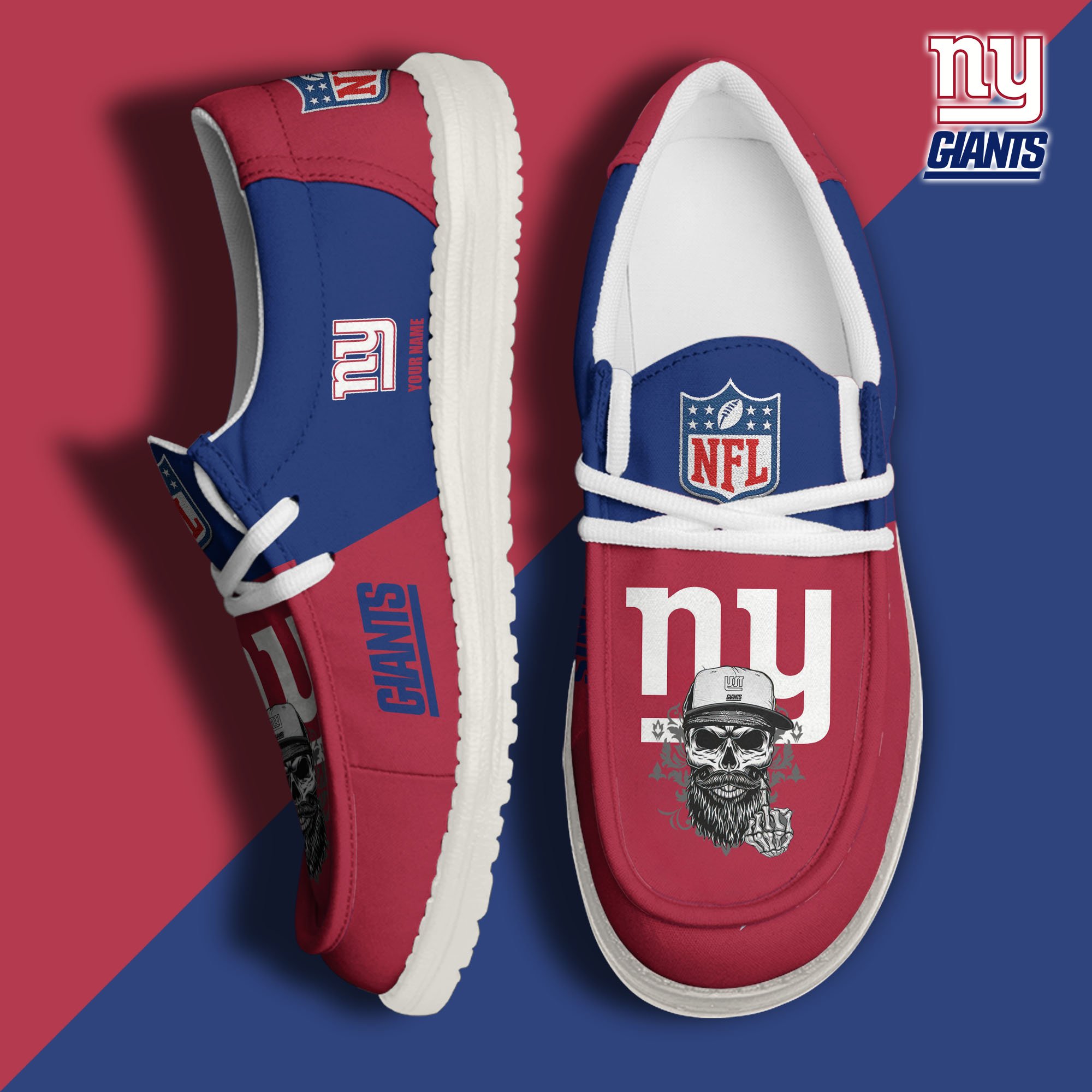 New York Giants H D White Canvas Loafer Shoes Custom Your Name, Sport Canvas Loafer Shoes