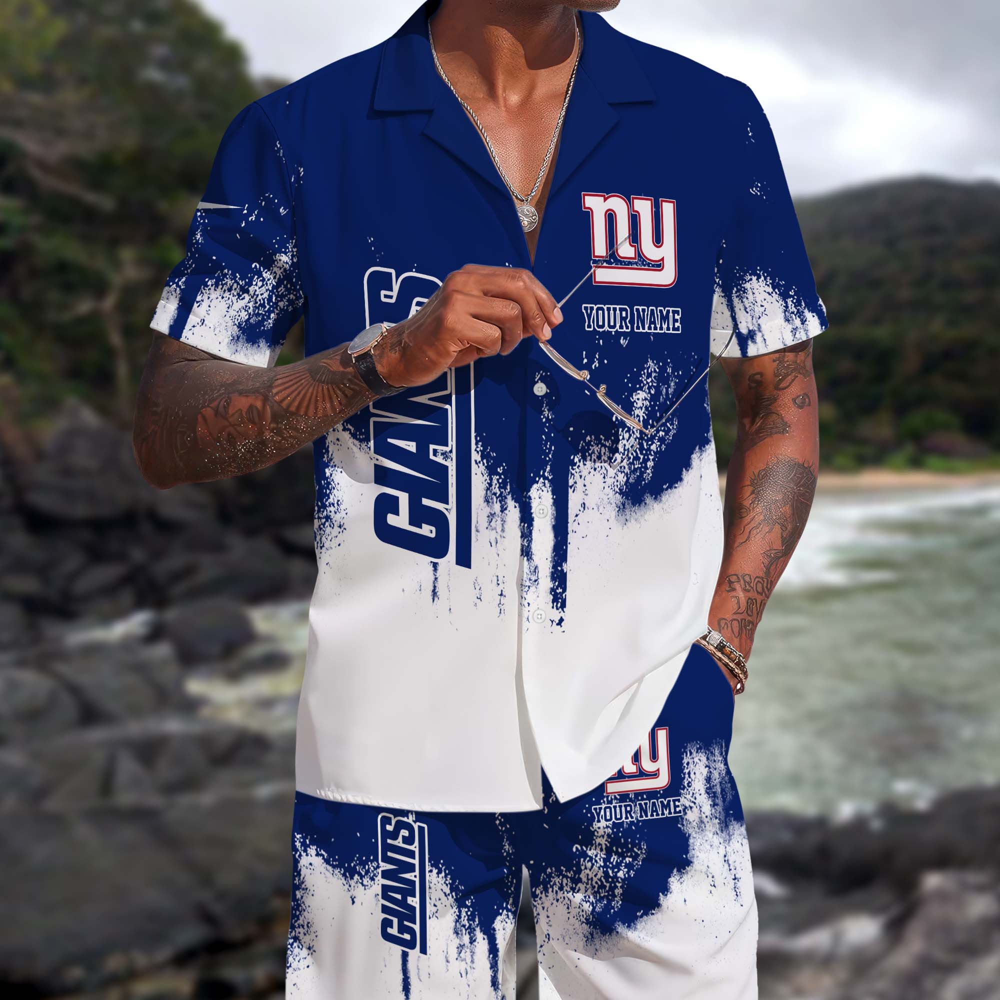 New York Giants Hawaiian Shorts Set Custom You Name, Sport Shorts, Gifts For Fan