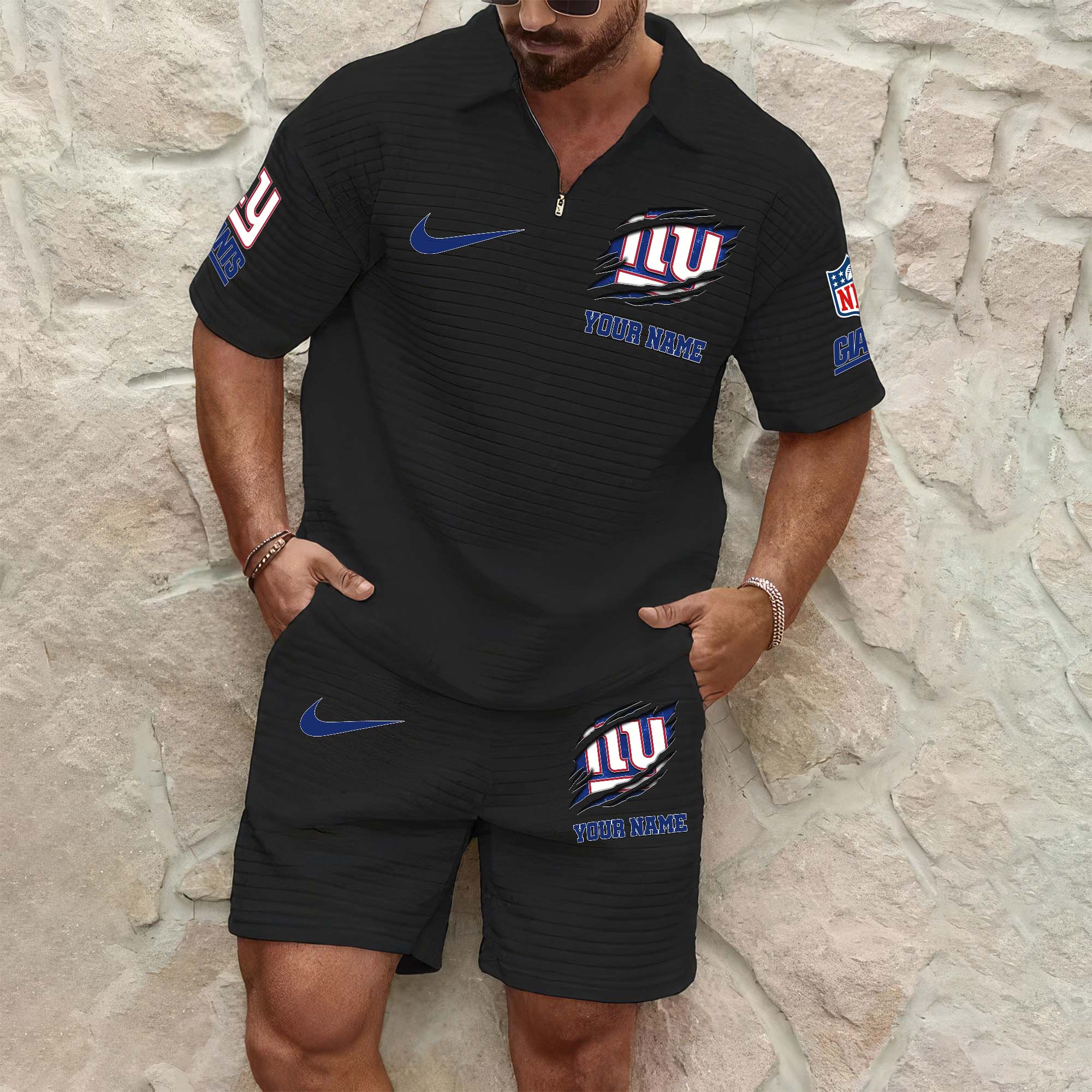 New York Giants Mens Waffle Pattern Half Zipper Shirt And Short Custom Your Name 2025 Versions, Gifts For Football Lovers