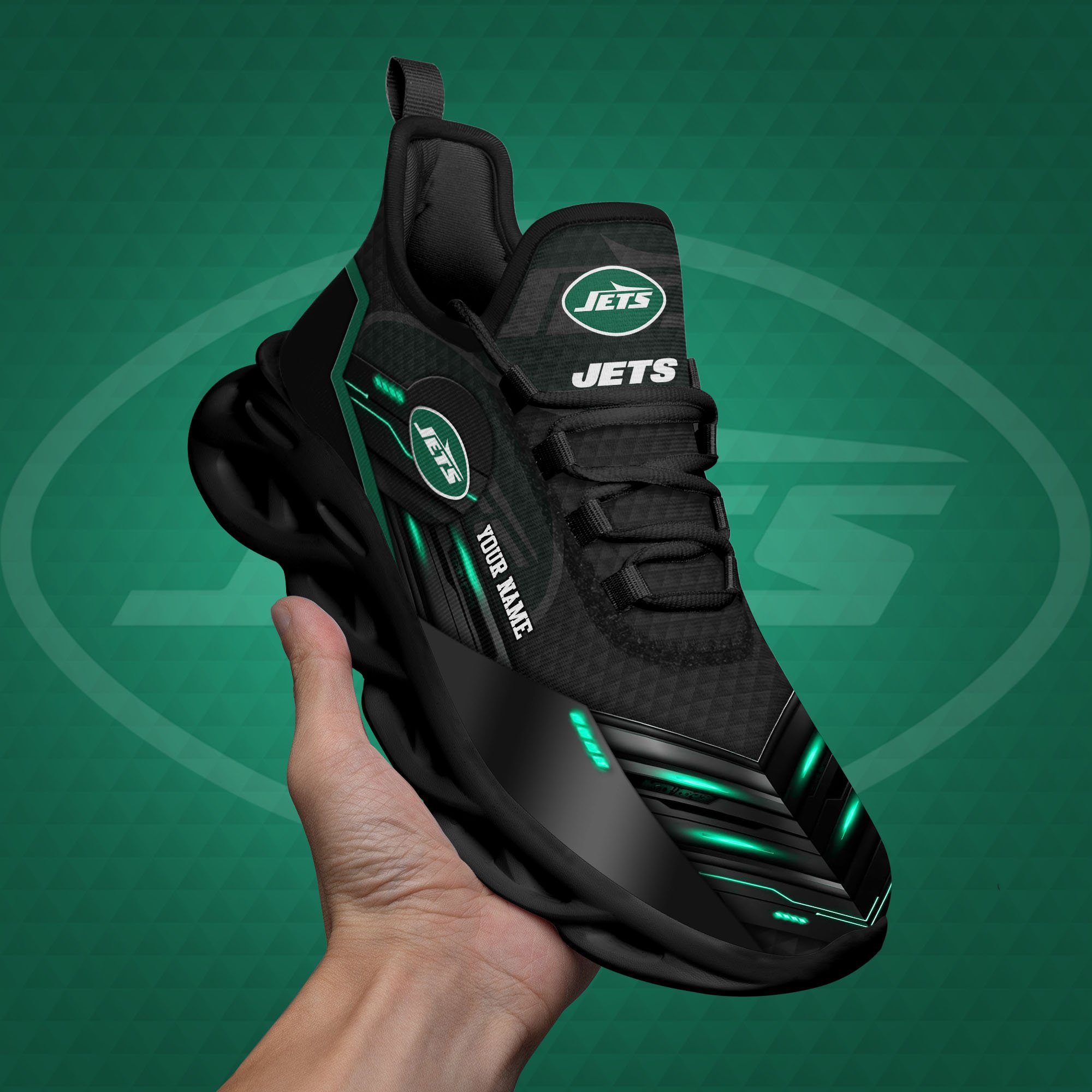 New York Jets Black Clunky Sneaker Custom Name, Max Soul Shoes, Sport Gifts For Fan