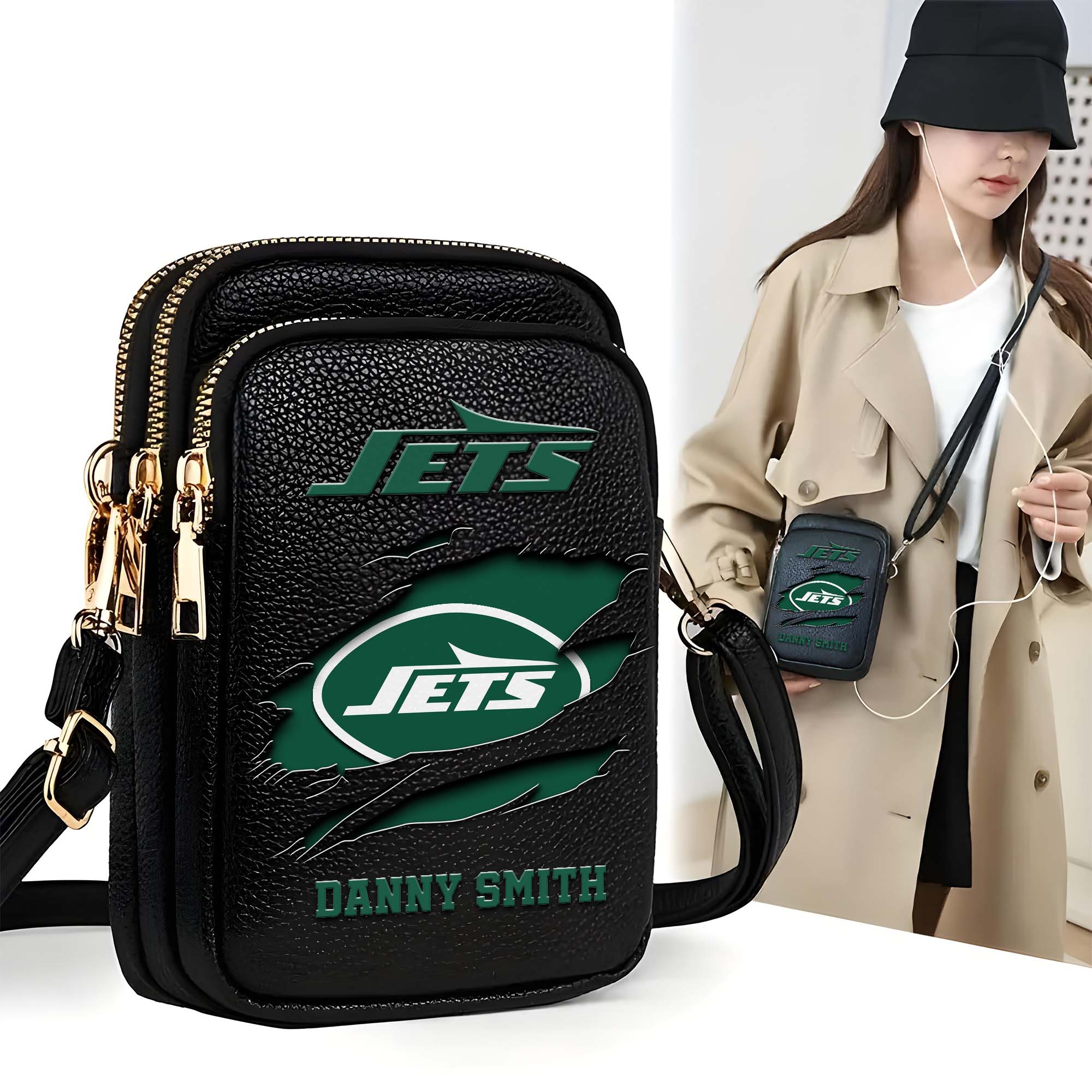 New York Jets Customized Womens Mobile Phone Bag With Your Name, Leather Crossbody Bag, Fan Gifts