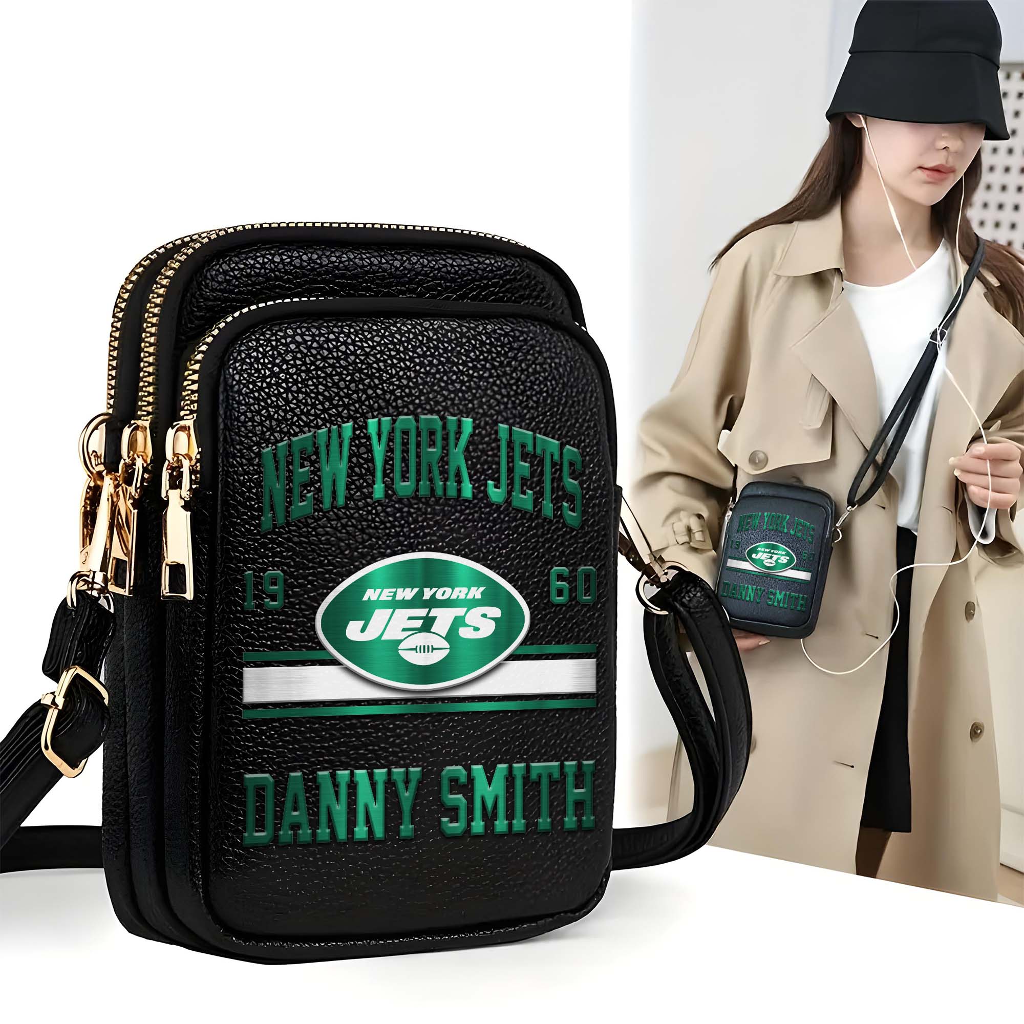 New York Jets Customized Womens Mobile Phone Bag With Your Name, Leather Crossbody Bag, Fan Gifts
