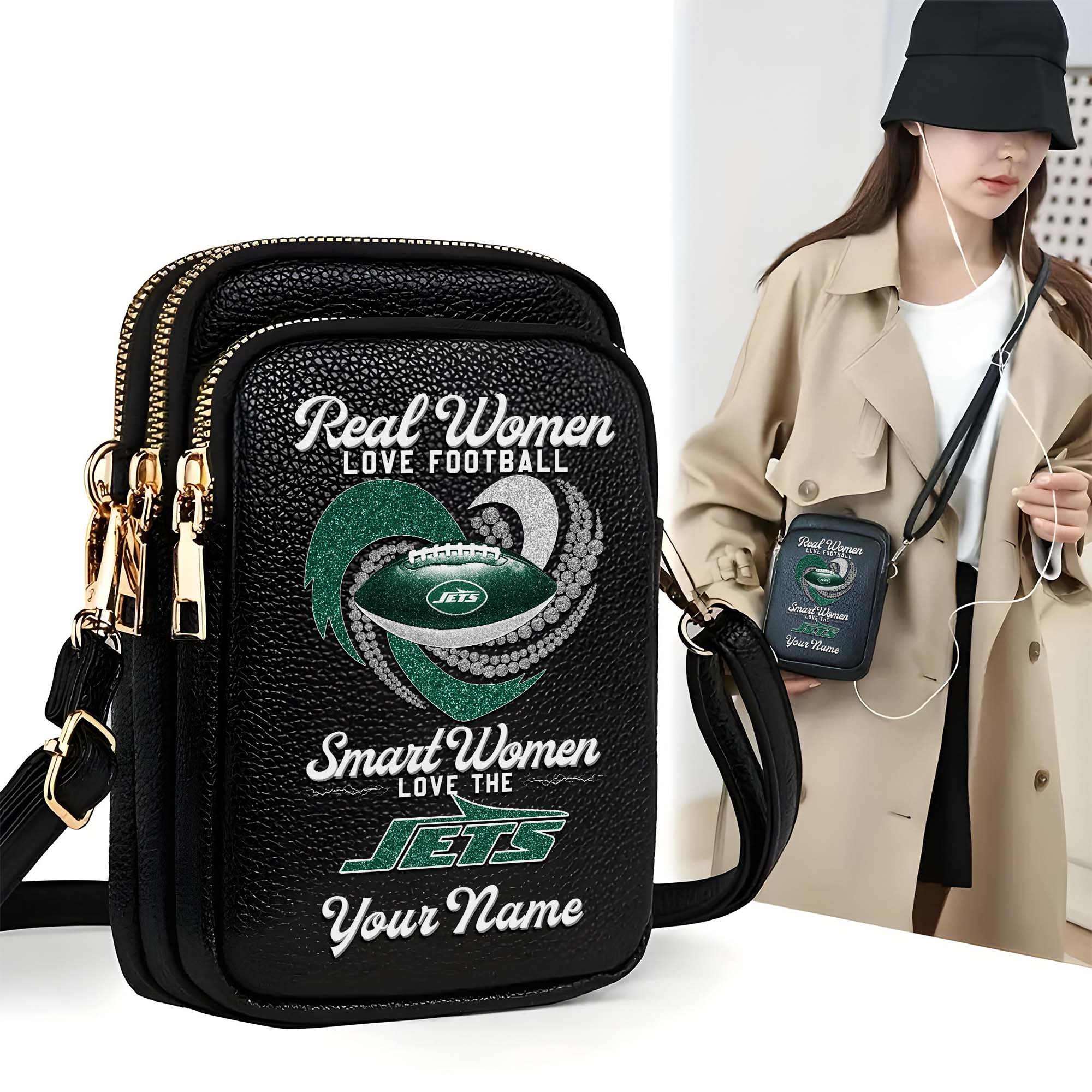 New York Jets Customized Womens Mobile Phone Bag With Your Name, Leather Crossbody Bag, Fan Gifts