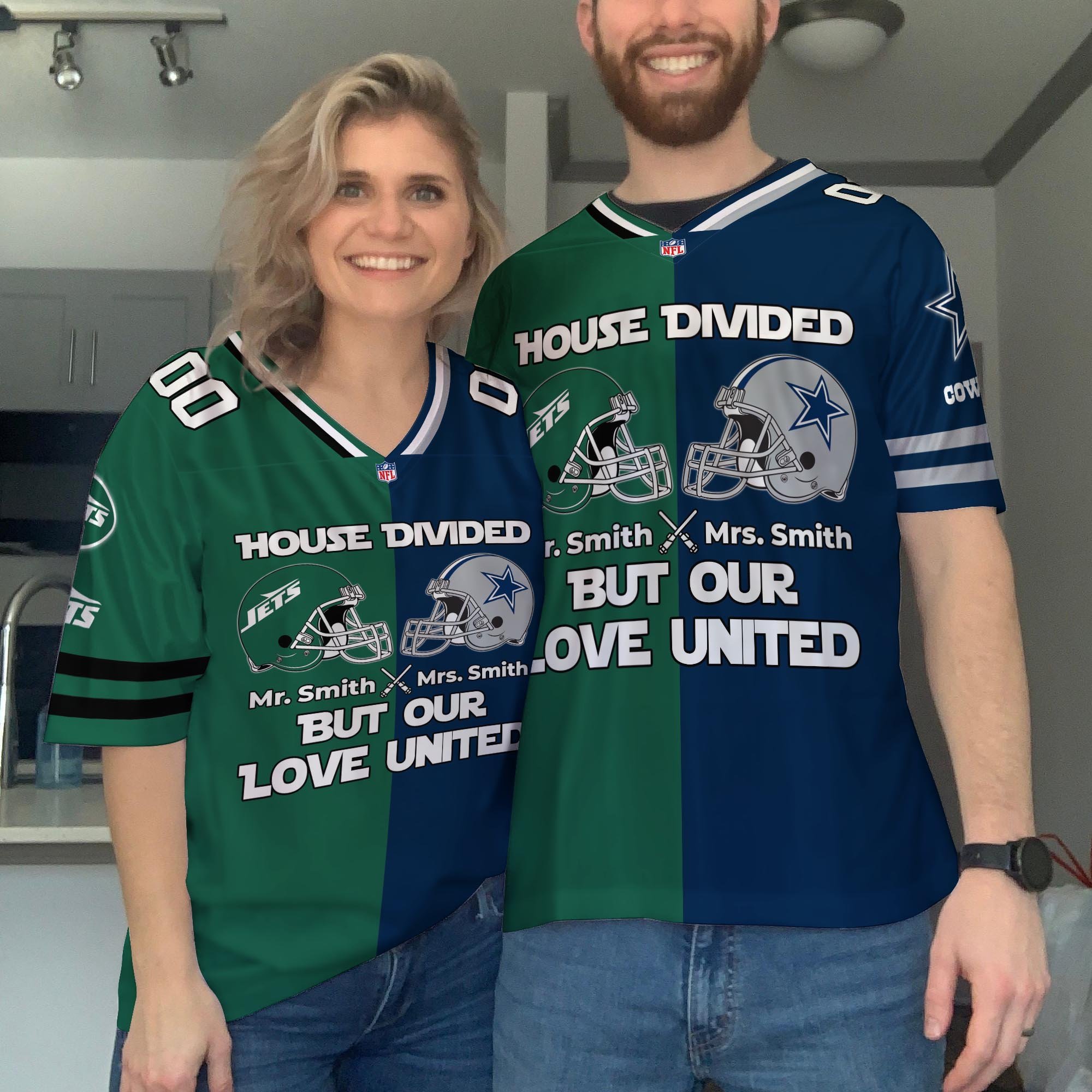 New York Jets Football Jersey Custom Husband, Wife Name And Number, House Divided Jersey For Fan