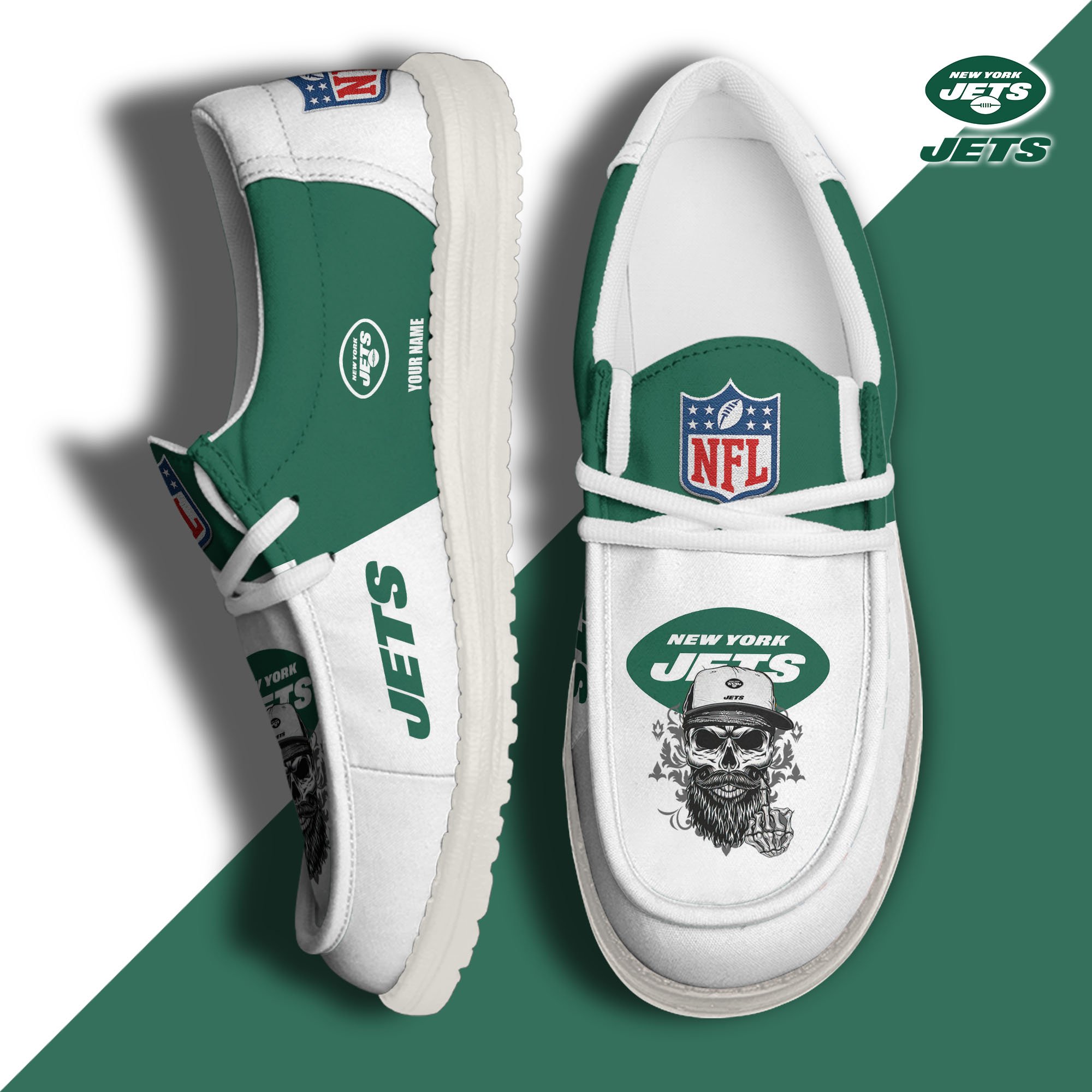 New York Jets H D White Canvas Loafer Shoes Custom Your Name, Sport Canvas Loafer Shoes