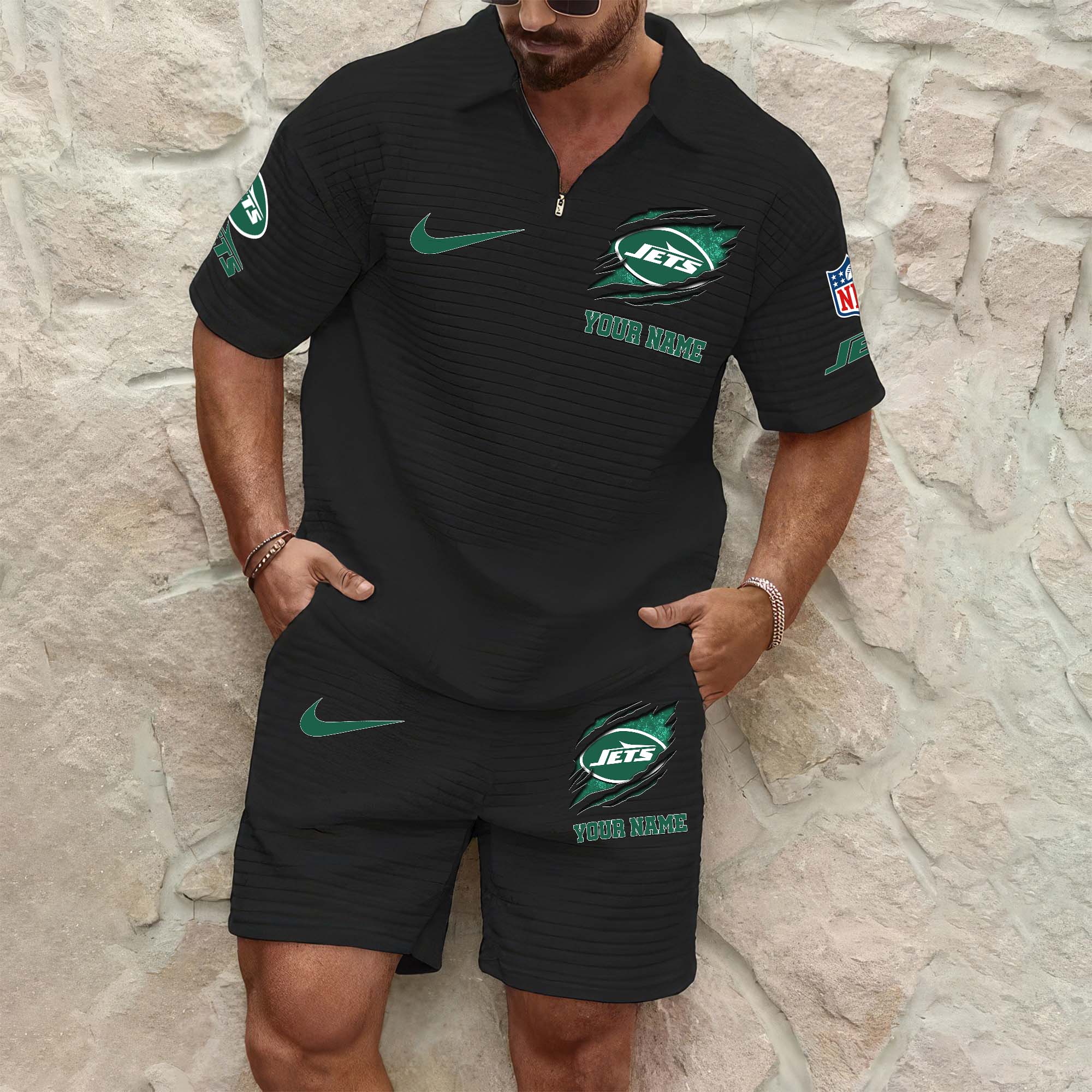 New York Jets Mens Waffle Pattern Half Zipper Shirt And Short Custom Your Name 2025 Versions, Gifts For Football Lovers