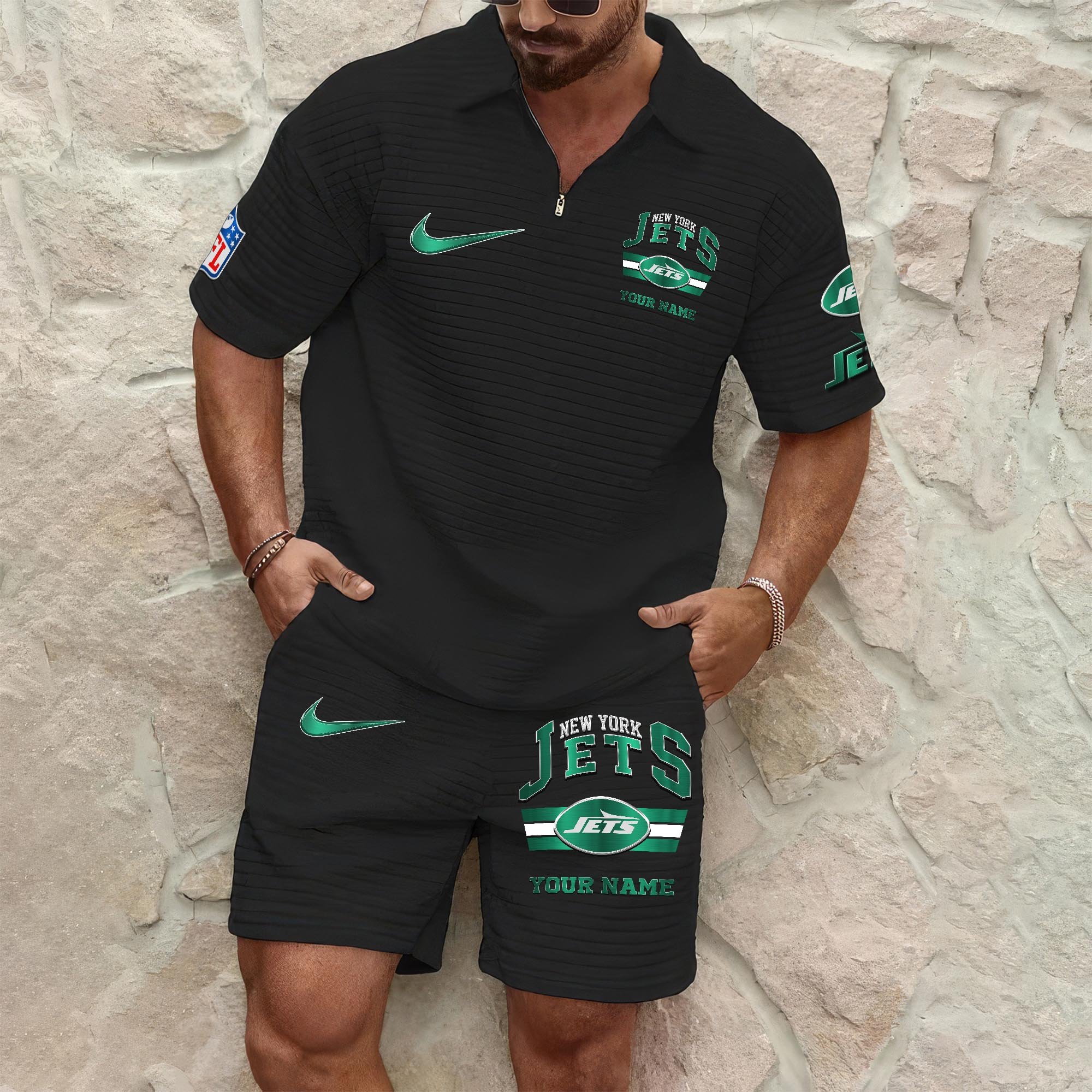 New York Jets Mens Waffle Pattern Half Zipper Shirt And Short Custom Your Name, Gifts For Football Lovers