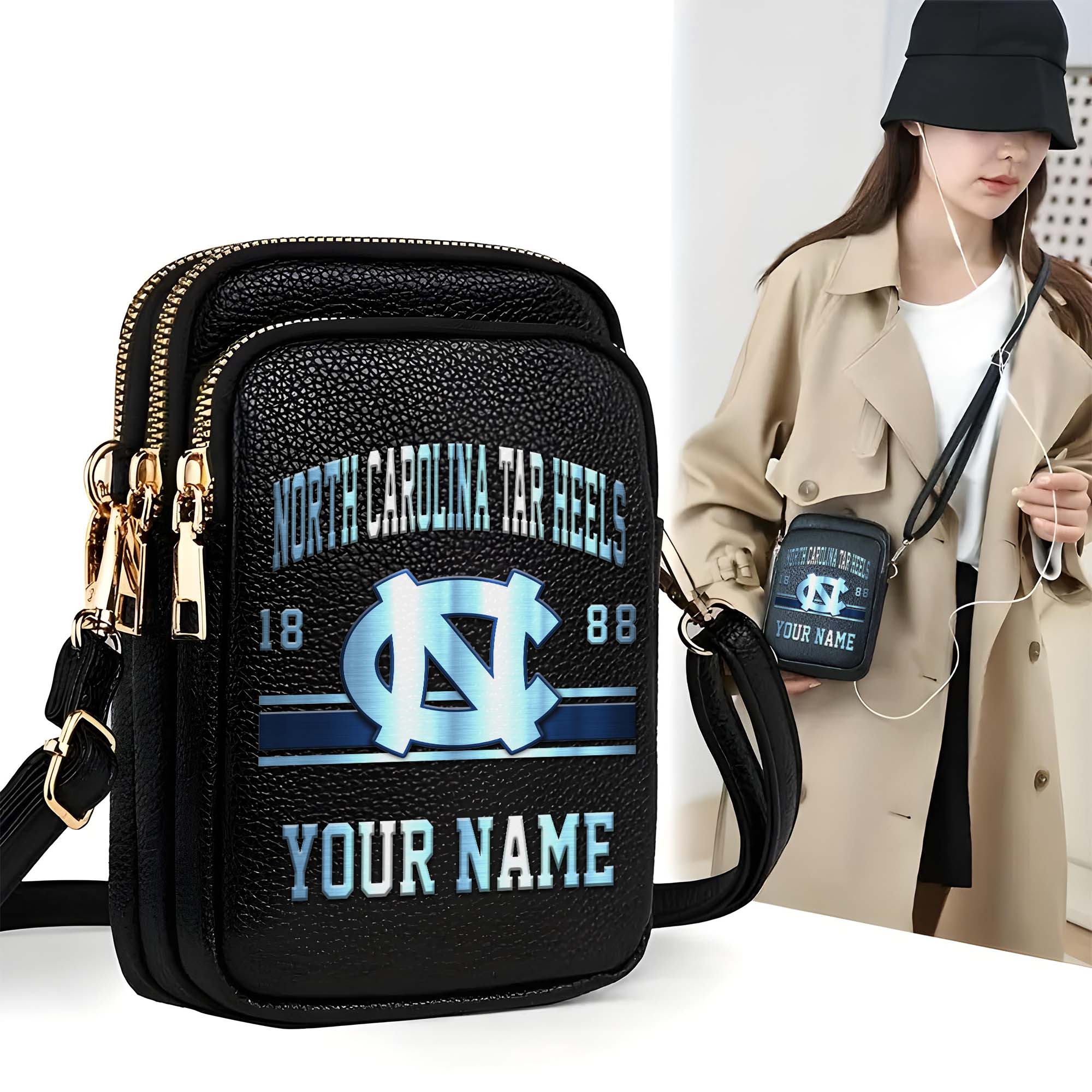 North Carolina Tar Heels Customized Womens Mobile Phone Bag With Your Name, Leather Crossbody Bag, Fan Gifts