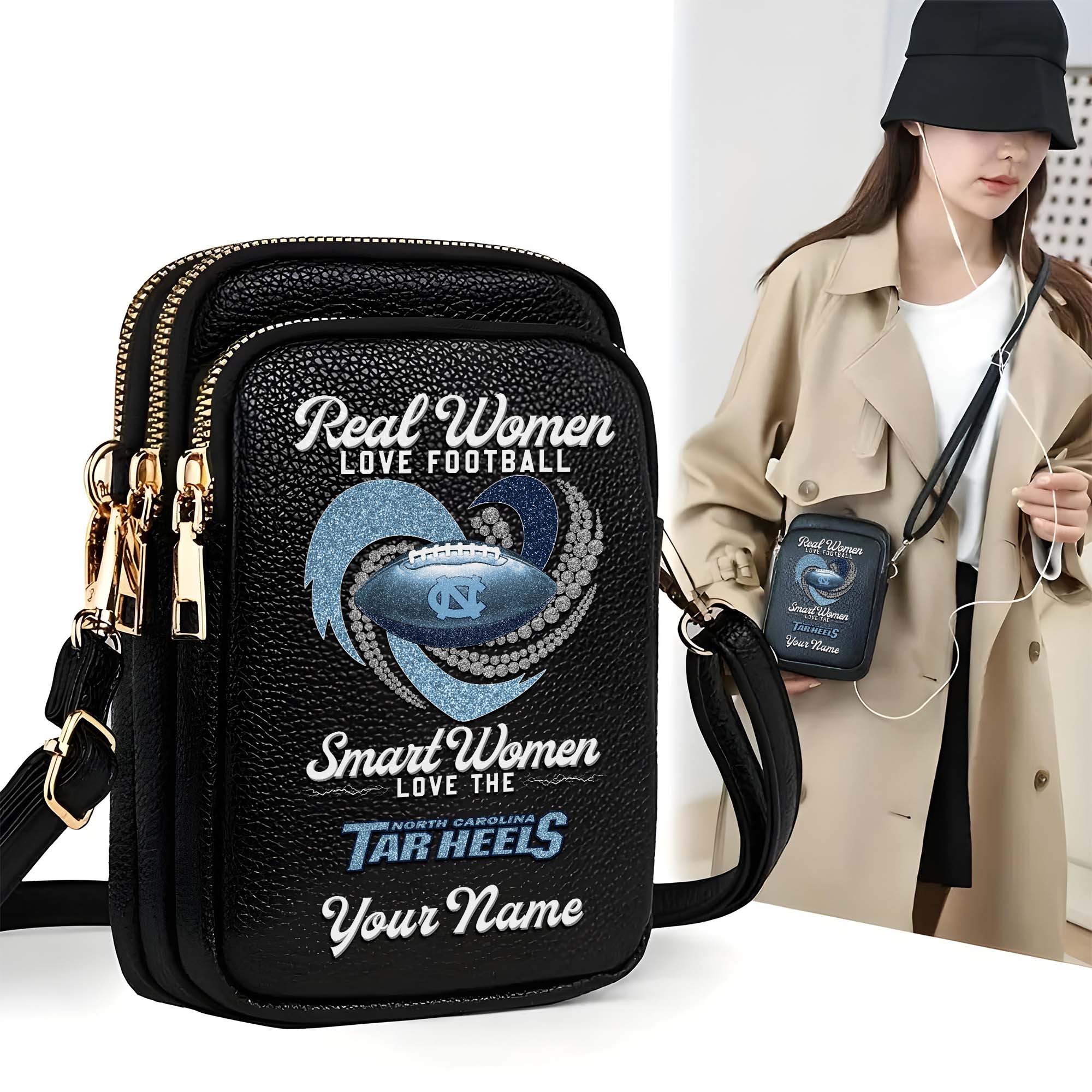 North Carolina Tar Heels Customized Womens Mobile Phone Bag With Your Name, Leather Crossbody Bag, Fan Gifts