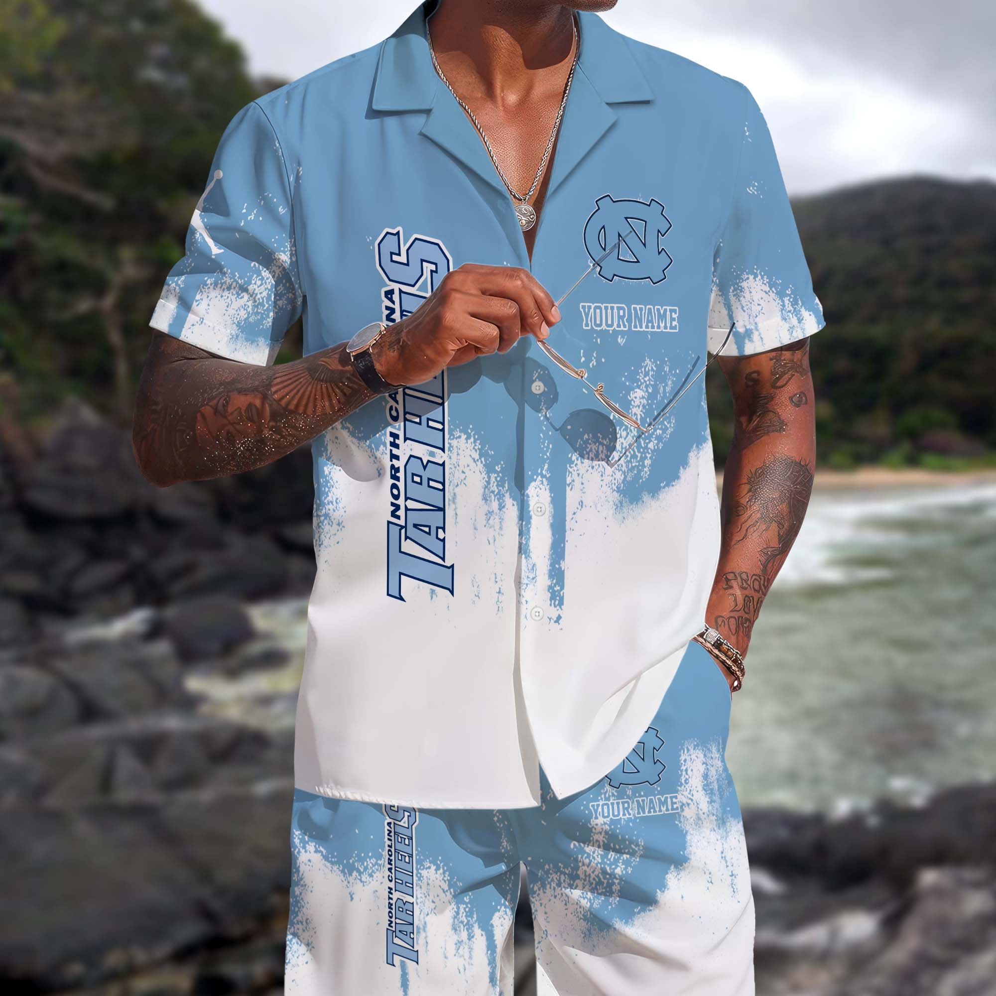 North Carolina Tar Heels Hawaiian Shorts Set Custom You Name, Sports Shorts, Gifts For Fan