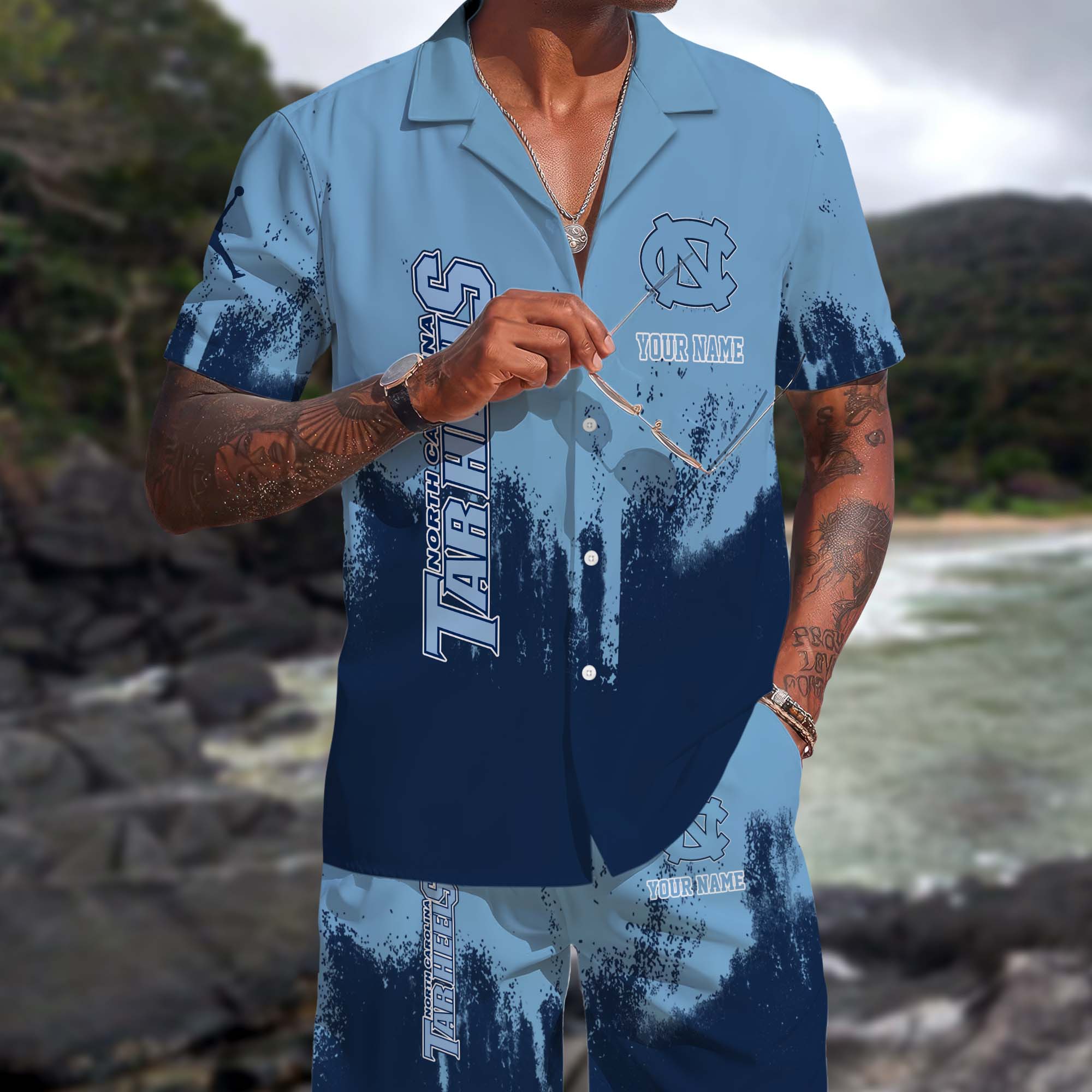 North Carolina Tar Heels Hawaiian Shorts Set Custom You Name, Sports Shorts, Gifts For Fan