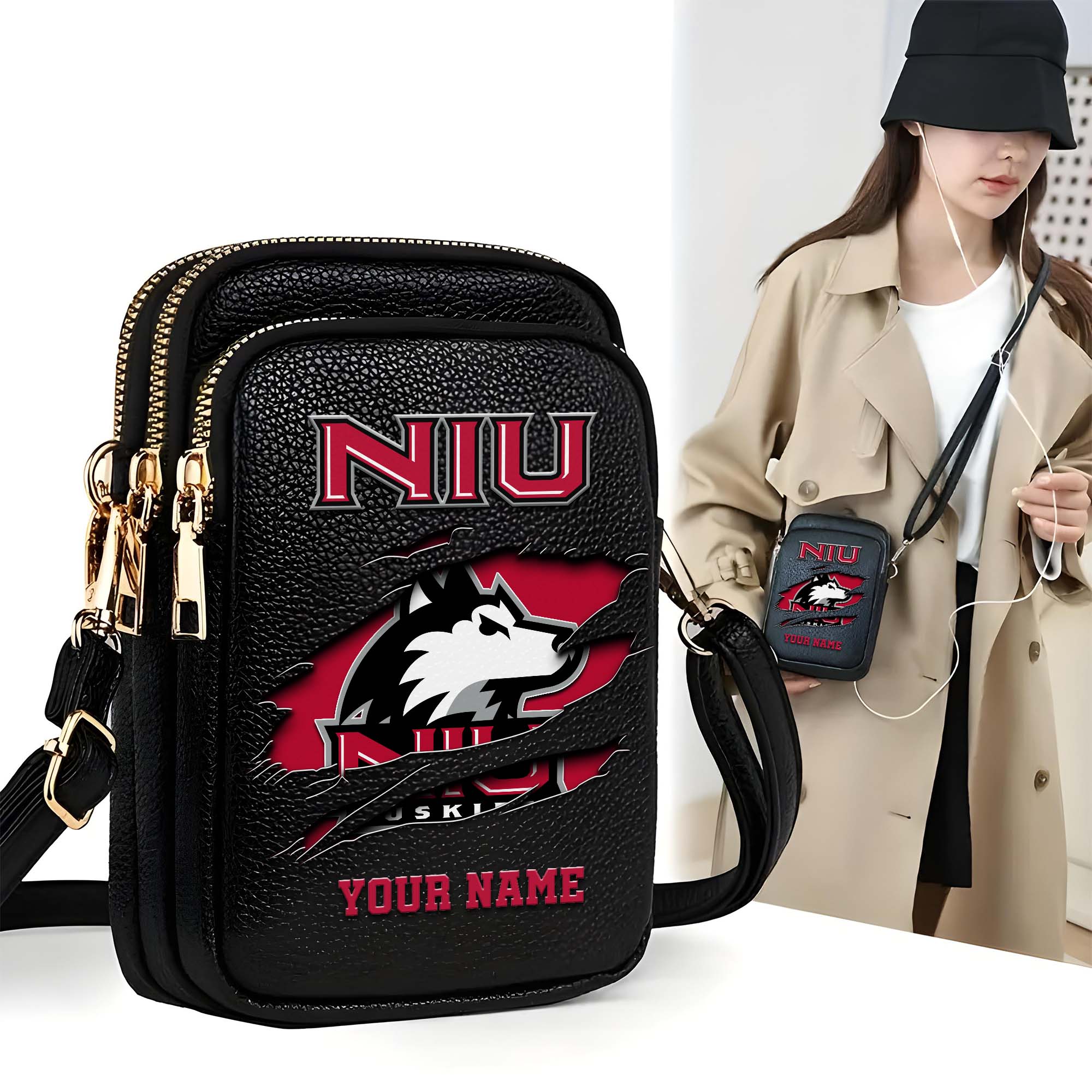 Northern Illinois Huskies Customized Womens Mobile Phone Bag With Your Name, Leather Crossbody Bag, Fan Gifts
