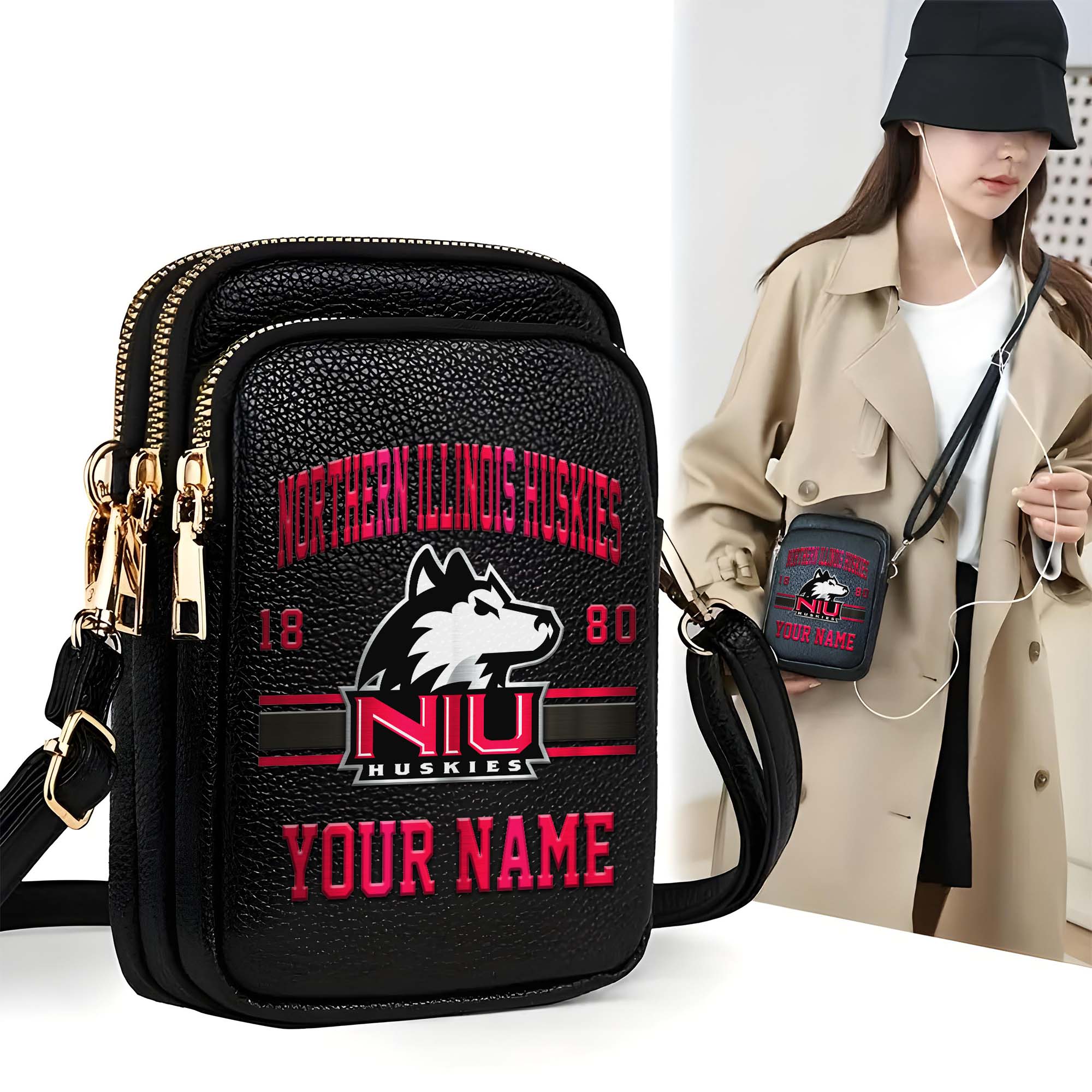 Northern Illinois Huskies Customized Womens Mobile Phone Bag With Your Name, Leather Crossbody Bag, Fan Gifts