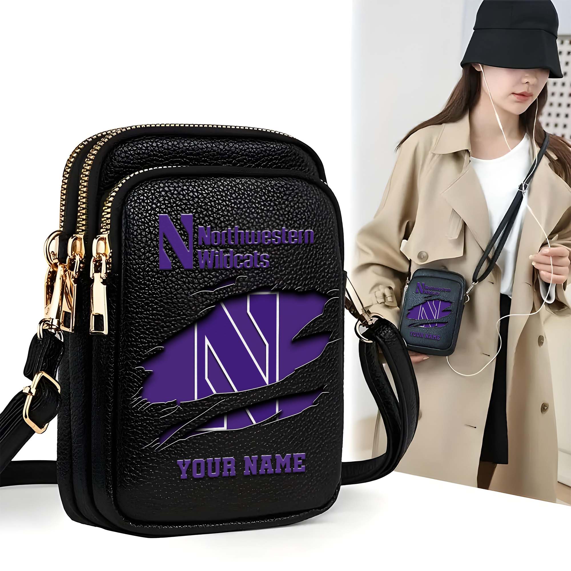 Northwestern Wildcats Customized Womens Mobile Phone Bag With Your Name, Leather Crossbody Bag, Fan Gifts