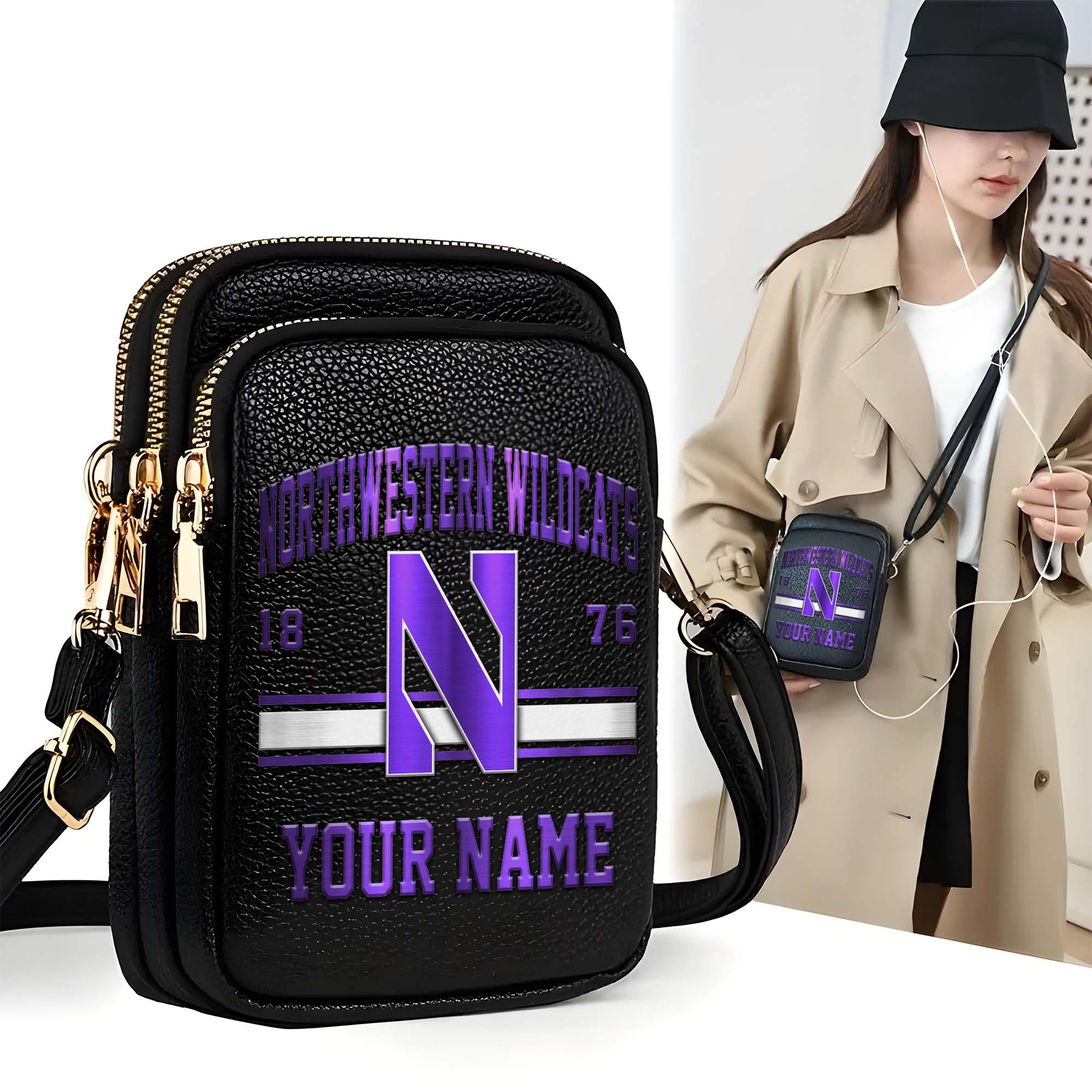 Northwestern Wildcats Customized Womens Mobile Phone Bag With Your Name, Leather Crossbody Bag, Fan Gifts