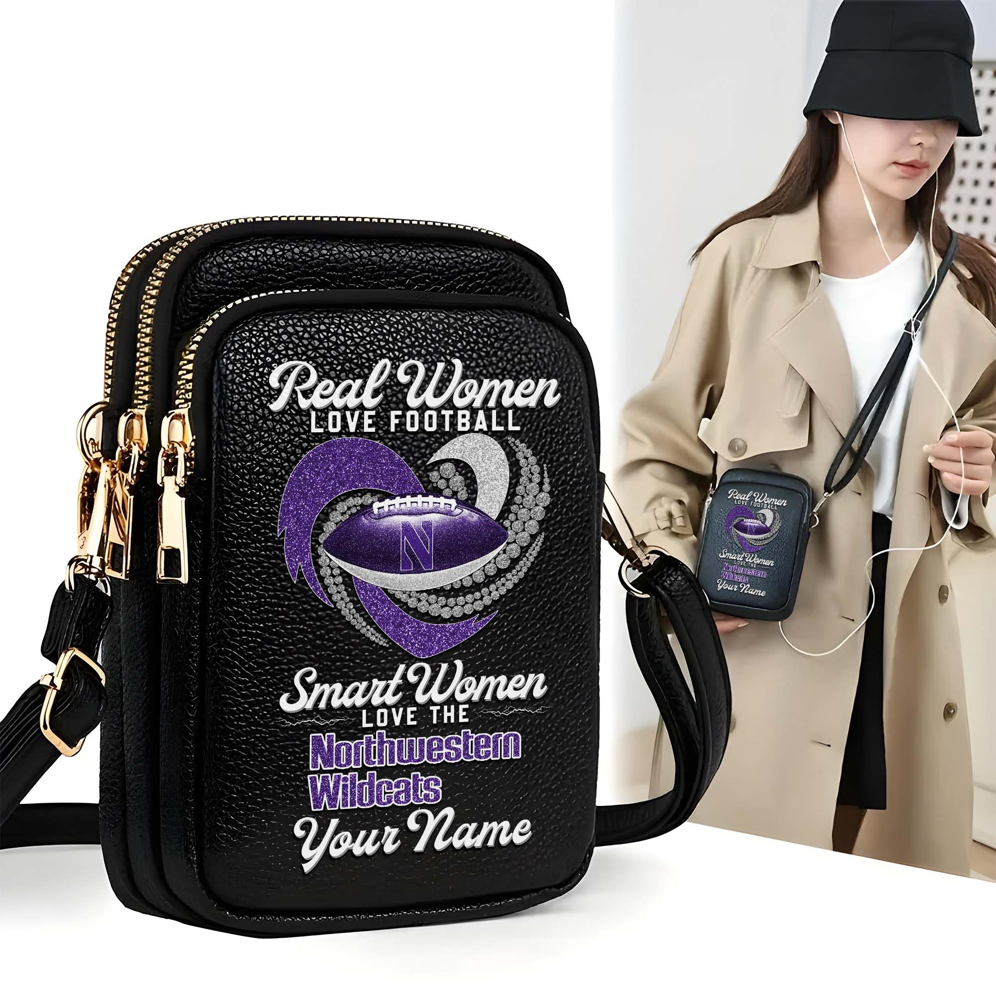 Northwestern Wildcats Customized Womens Mobile Phone Bag With Your Name, Leather Crossbody Bag, Fan Gifts