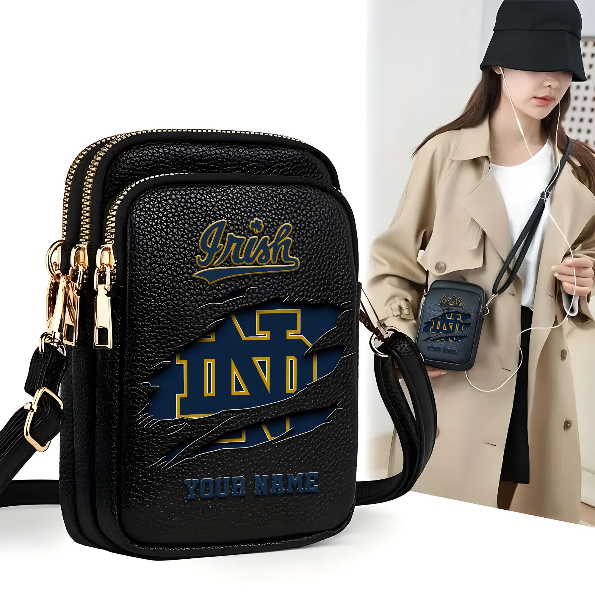 Notre Dame Fighting Irish Customized Womens Mobile Phone Bag With Your Name, Leather Crossbody Bag, Fan Gifts