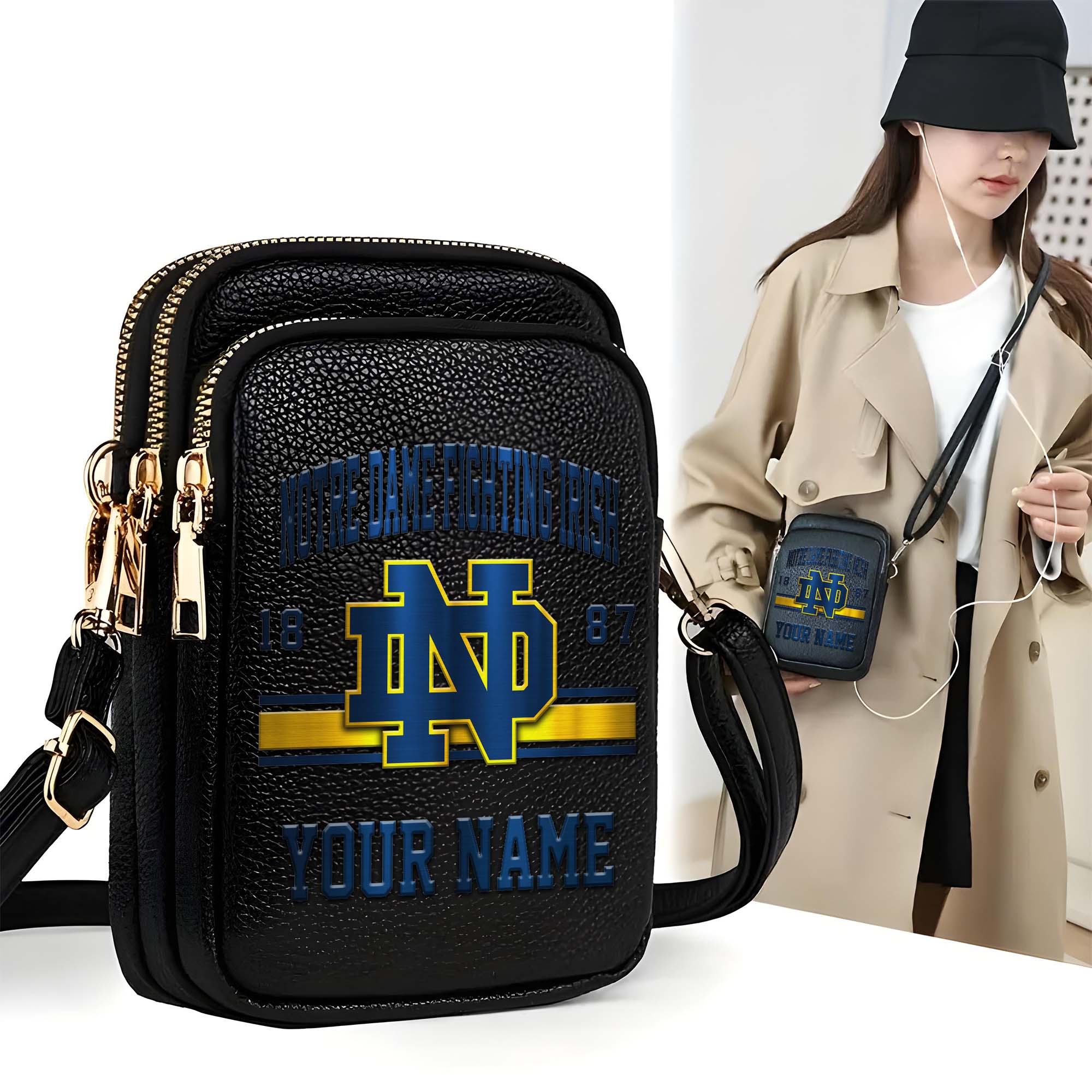 Notre Dame Fighting Irish Customized Womens Mobile Phone Bag With Your Name, Leather Crossbody Bag, Fan Gifts