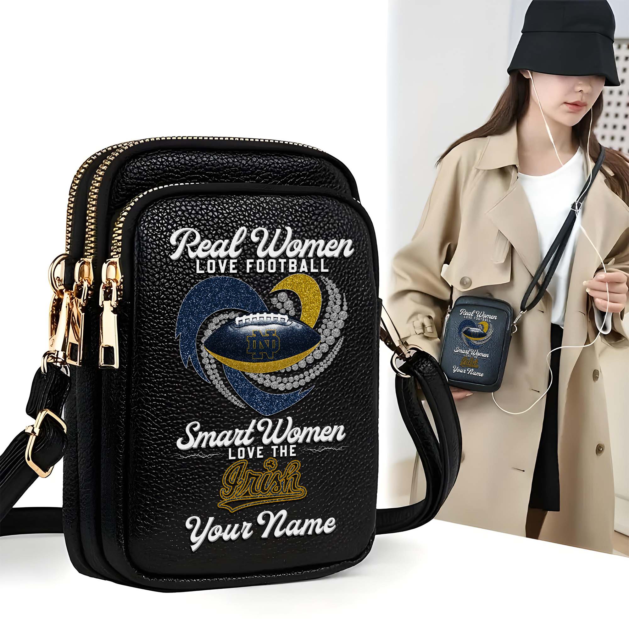 Notre Dame Fighting Irish Customized Womens Mobile Phone Bag With Your Name, Leather Crossbody Bag, Fan Gifts
