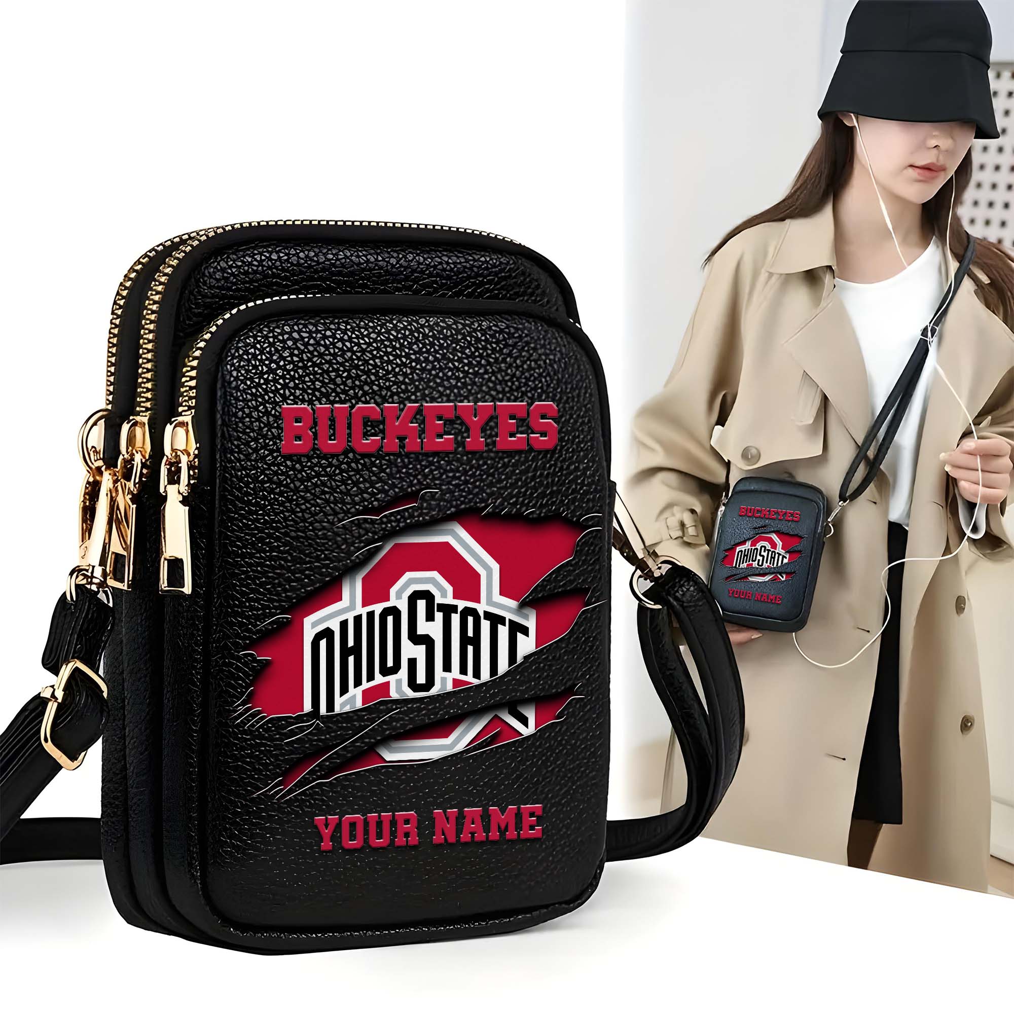Ohio State Buckeyes Customized Womens Mobile Phone Bag With Your Name, Leather Crossbody Bag, Fan Gifts