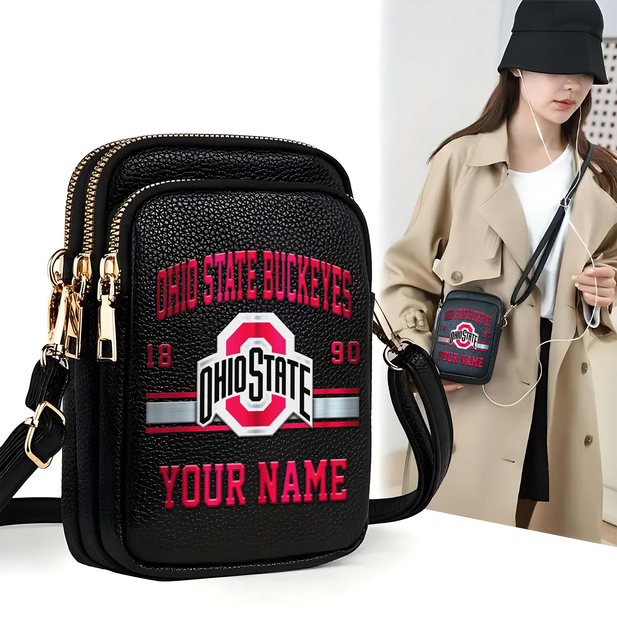 Ohio State Buckeyes Customized Womens Mobile Phone Bag With Your Name, Leather Crossbody Bag, Fan Gifts