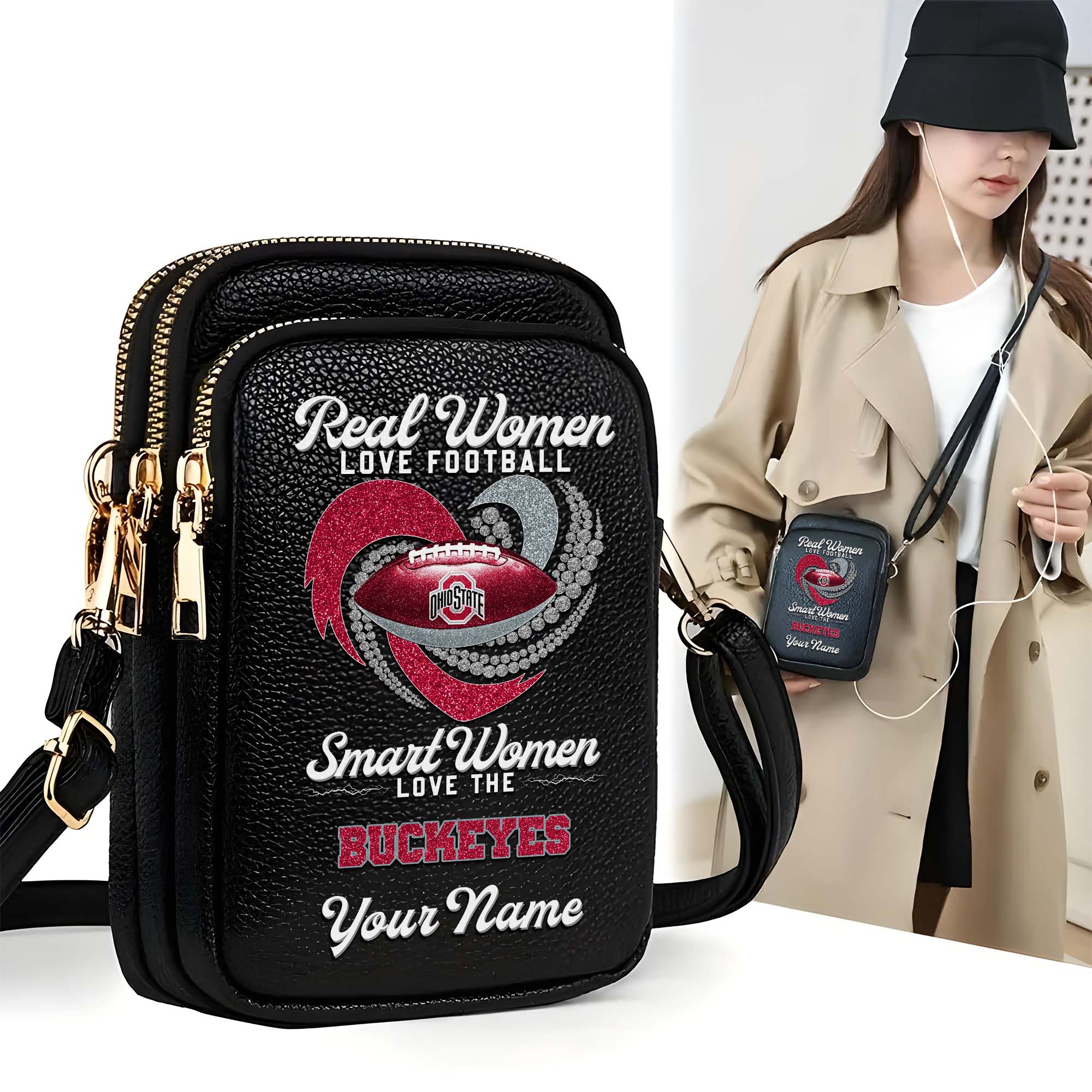 Ohio State Buckeyes Customized Womens Mobile Phone Bag With Your Name, Leather Crossbody Bag, Fan Gifts