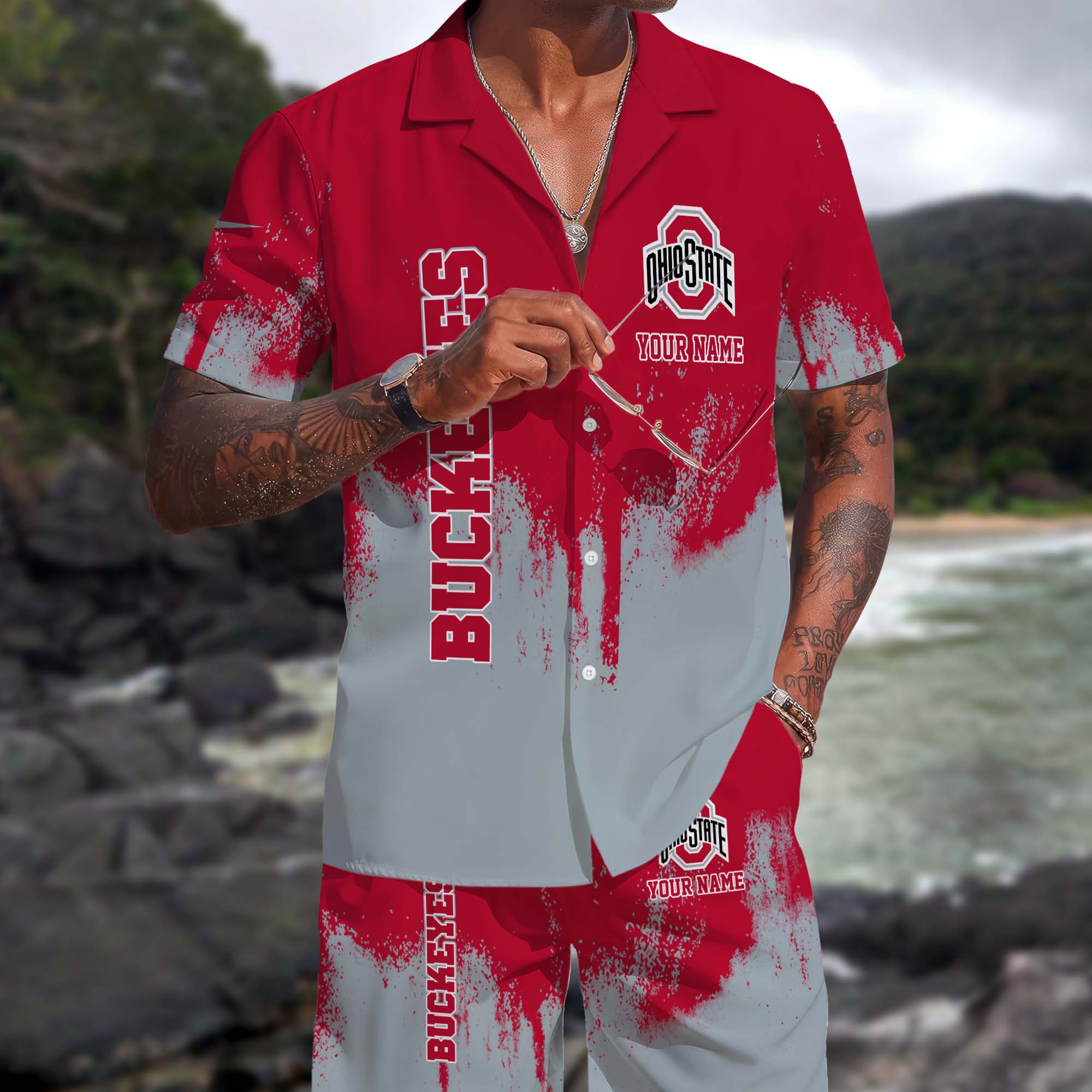 Ohio State Buckeyes Hawaiian Shorts Set Custom You Name, Sports Shorts, Gifts For Fan