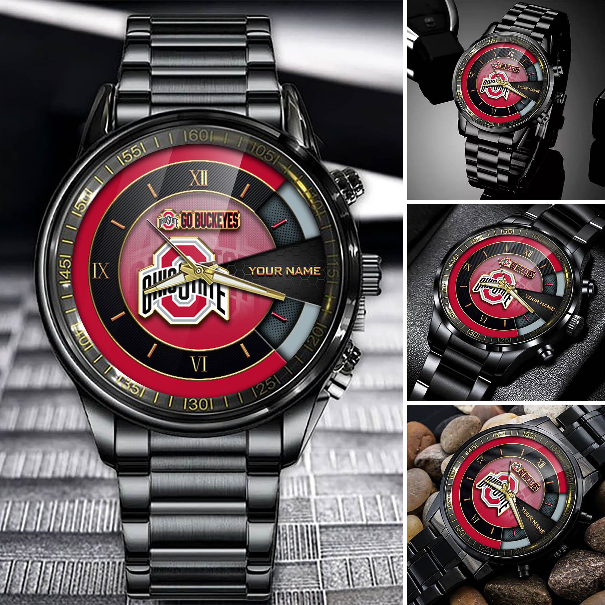 Ohio State Buckeyes Team Black Fashion Watch 2025 Version Custom Your Name, Black Fashion Watch For Sport Fan 