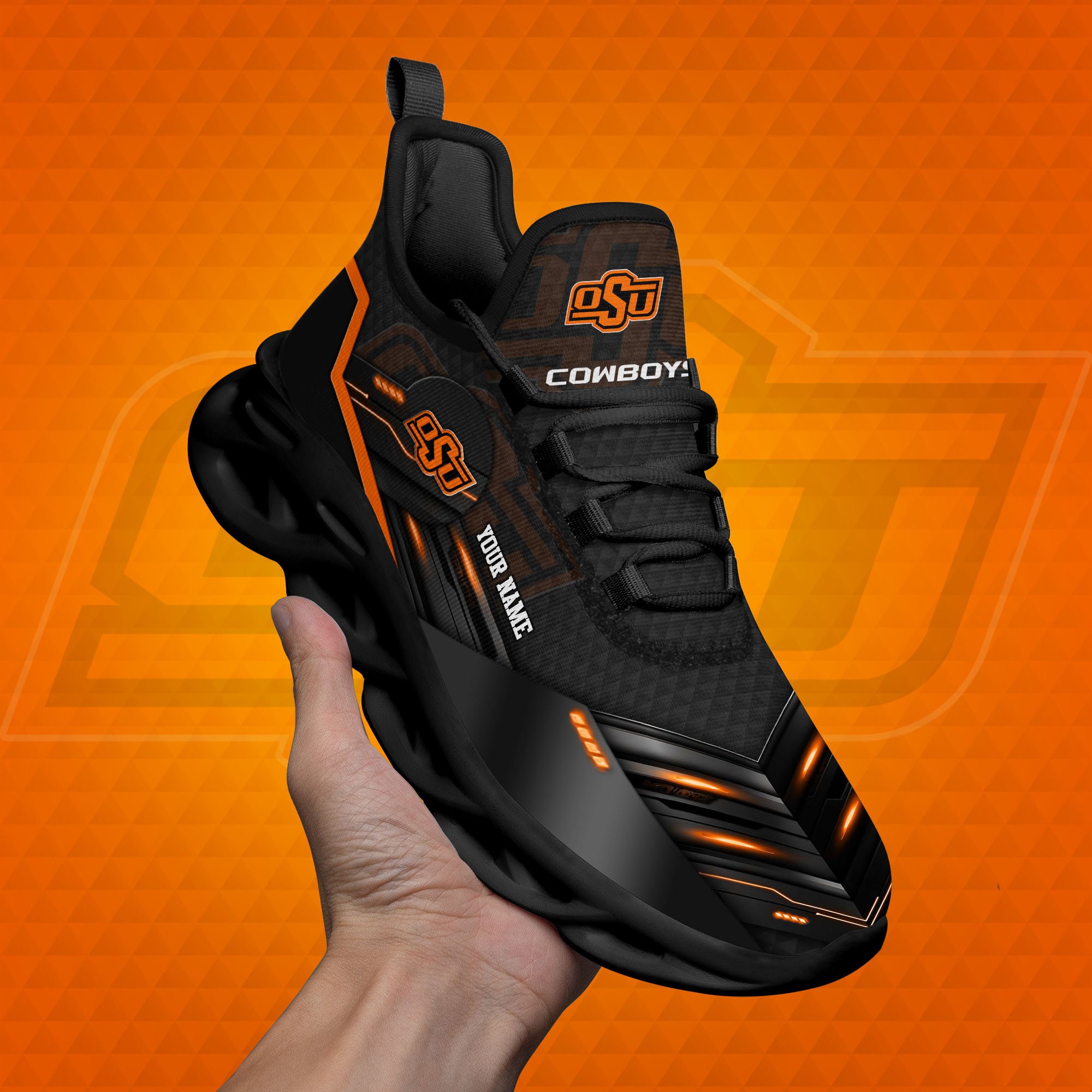 Oklahoma State Cowboys Black Clunky Sneaker Custom Name, Max Soul Shoes, Sport Gifts For Fan