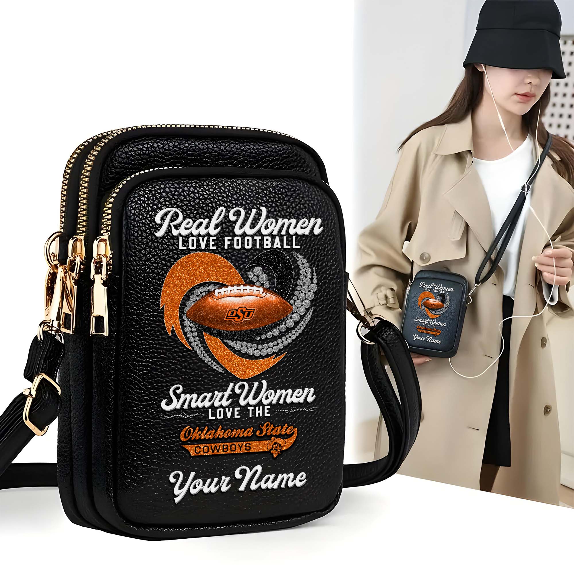 Oklahoma State Cowboys Customized Womens Mobile Phone Bag With Your Name, Leather Crossbody Bag, Fan Gifts