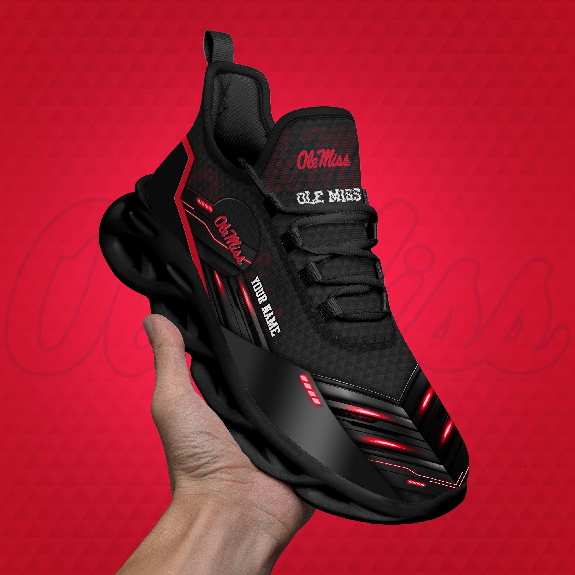 Ole Miss Rebels Black Clunky Sneaker Custom Name, Max Soul Shoes, Sport Gifts For Fan