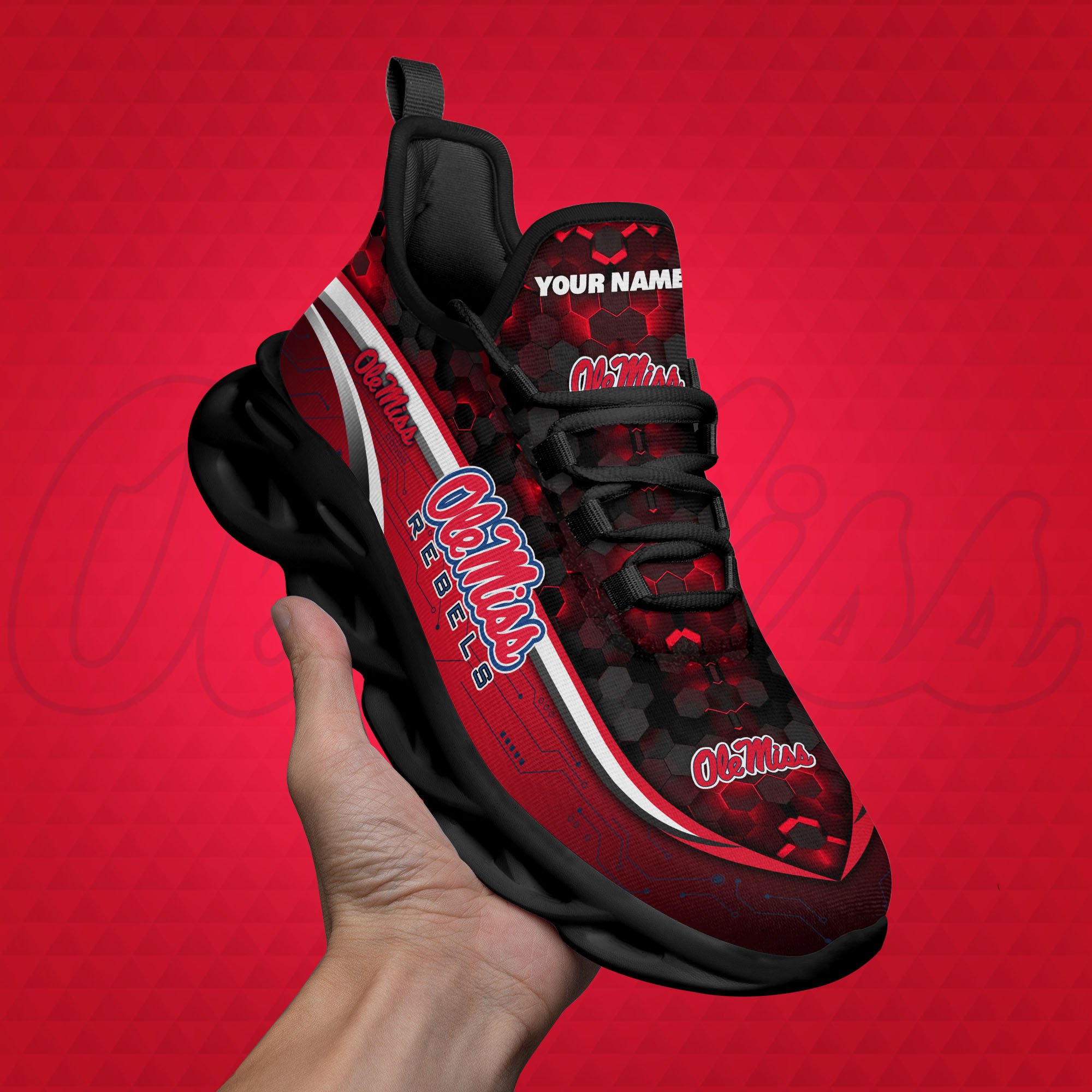 Ole Miss Rebels Black Clunky Sneakers Custom Name, Max Soul Shoes, Sport Gifts