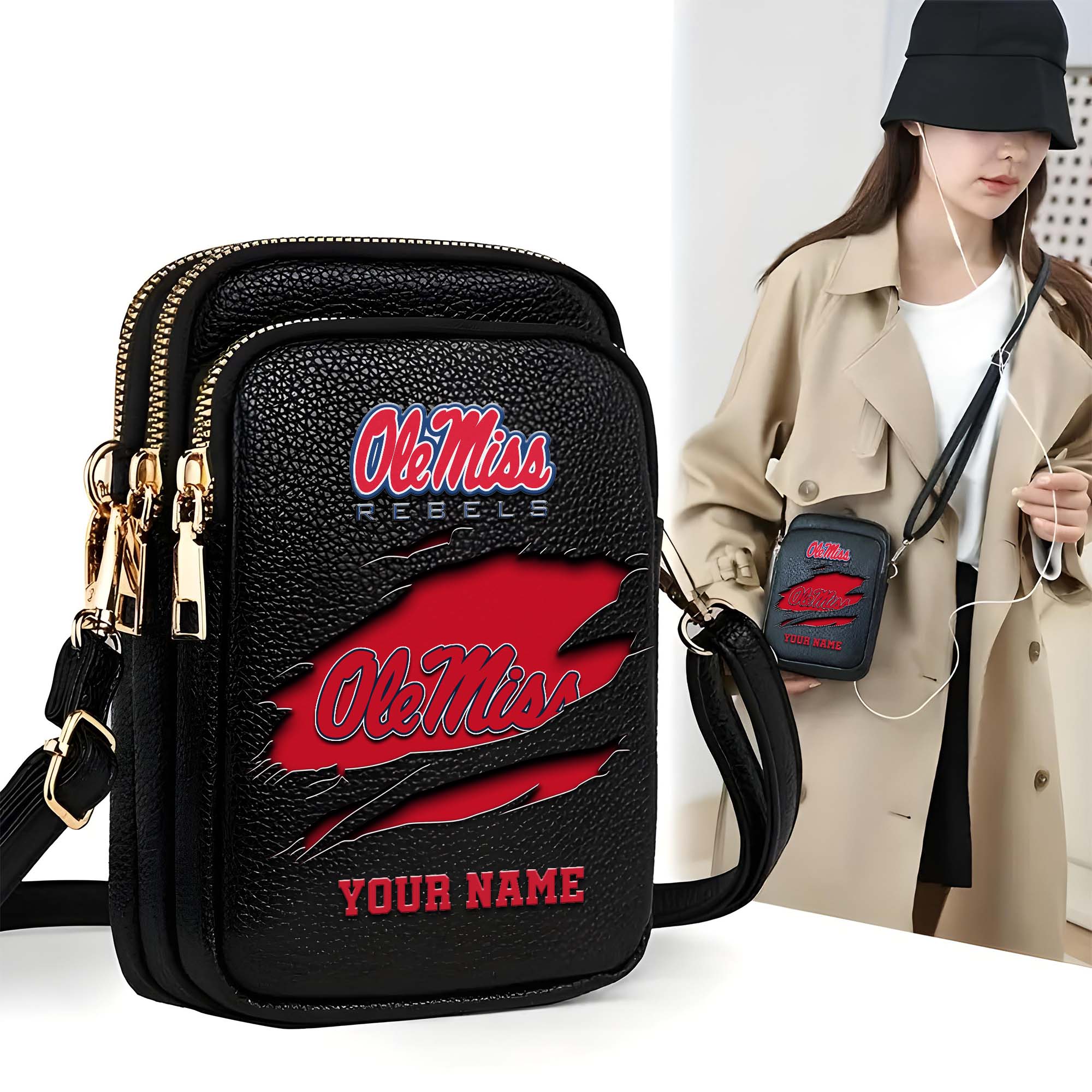 Ole Miss Rebels Customized Womens Mobile Phone Bag With Your Name, Leather Crossbody Bag, Fan Gifts