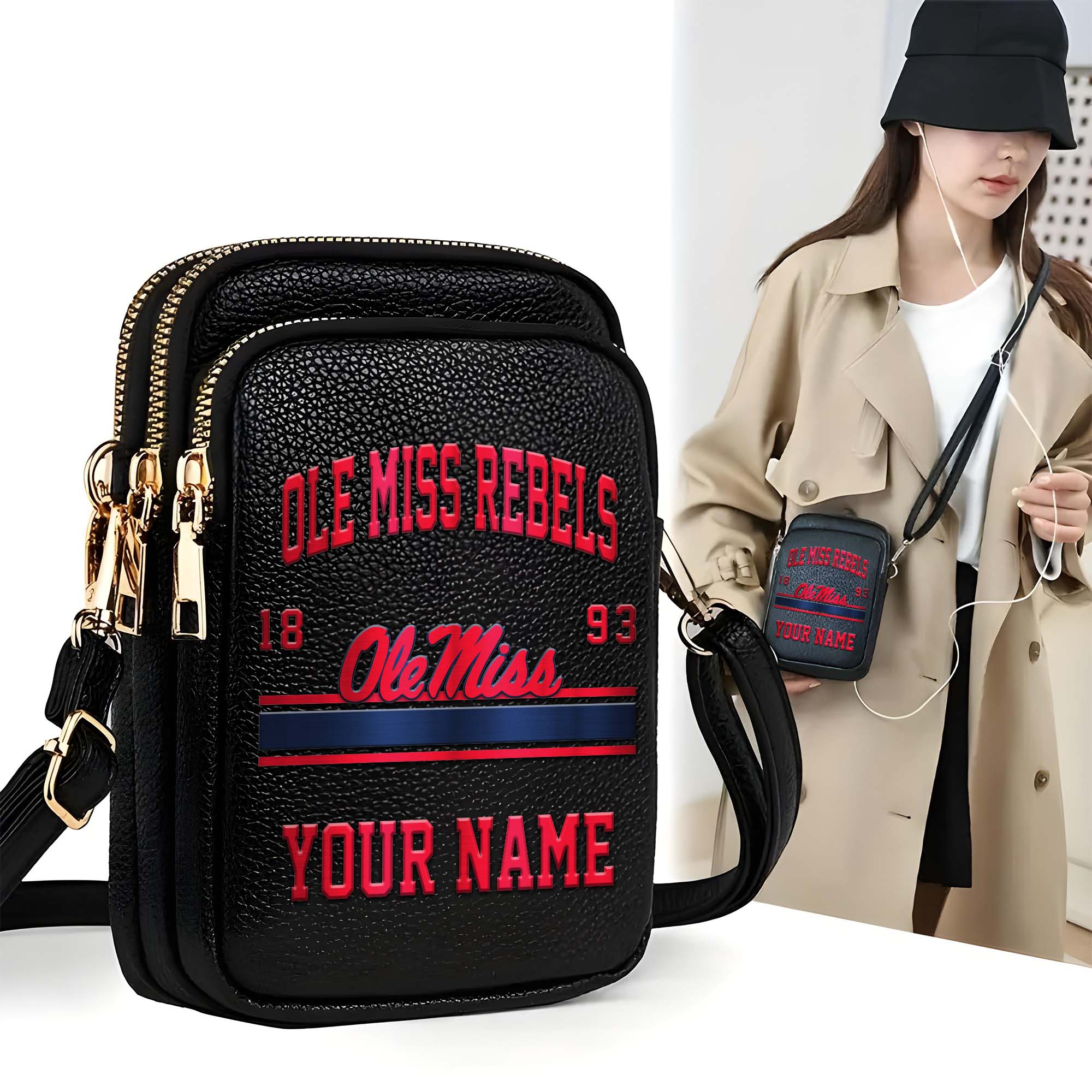 Ole Miss Rebels Customized Womens Mobile Phone Bag With Your Name, Leather Crossbody Bag, Fan Gifts