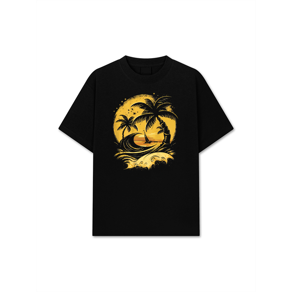 ON BACK Tropical Palm Trees Sailboat Beach Island Sunset T-Shirt
