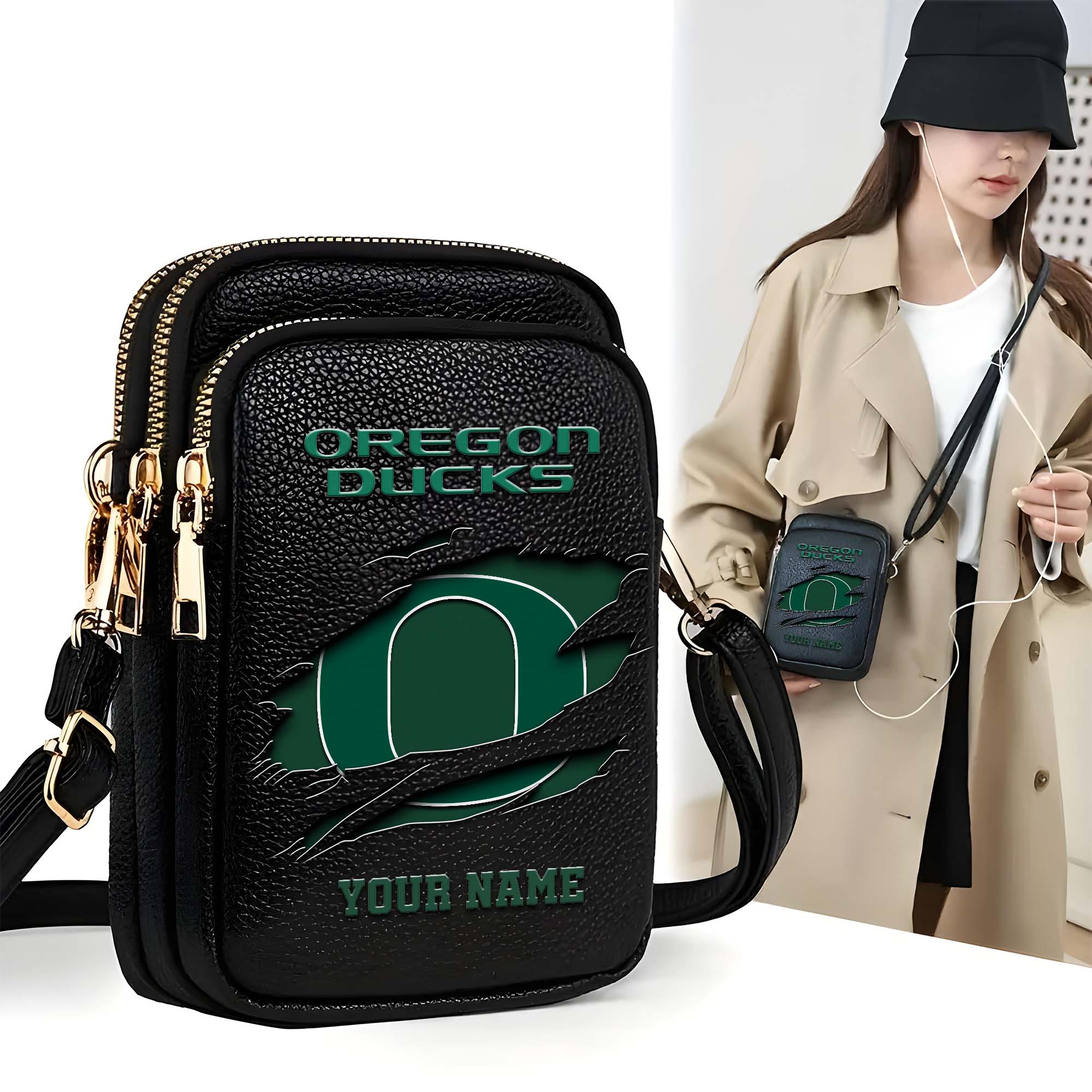 Oregon Ducks Customized Womens Mobile Phone Bag With Your Name, Leather Crossbody Bag, Fan Gifts